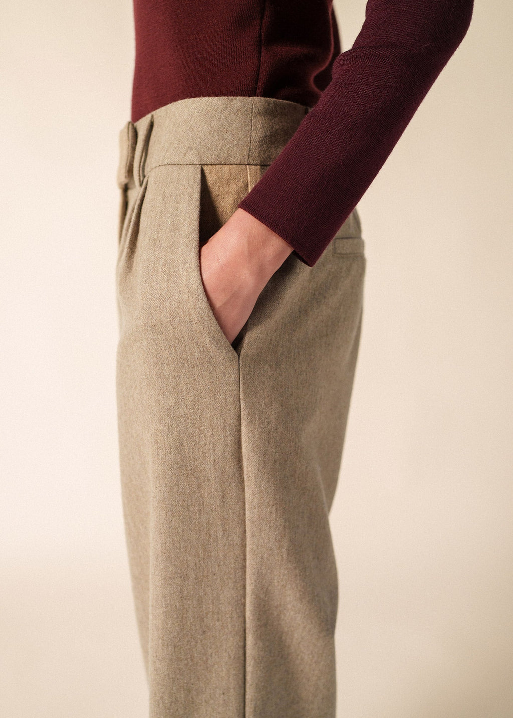 Saint James Bianca Hiver Pleated Wool Flannel Pants, Dark Beige