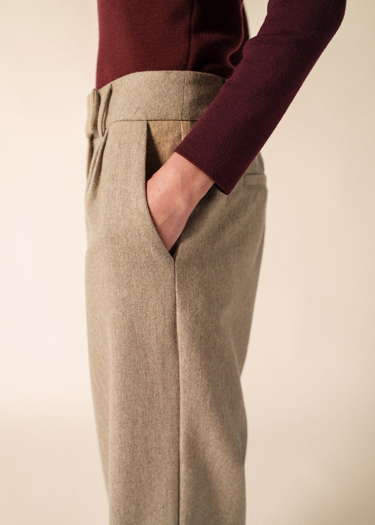 Saint James Bianca Hiver Pleated Wool Flannel Pants, Dark Beige
