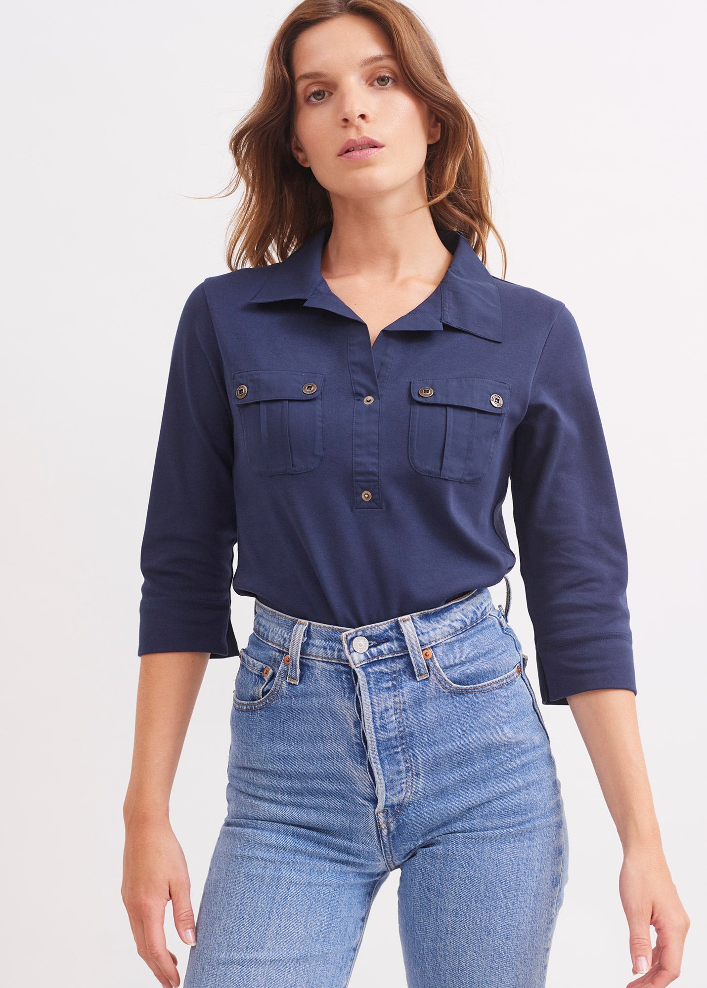 Saint James OLERON - Polo Shirt with ¾ Sleeve | 100% Cotton | Comfort Fit (NAVY)