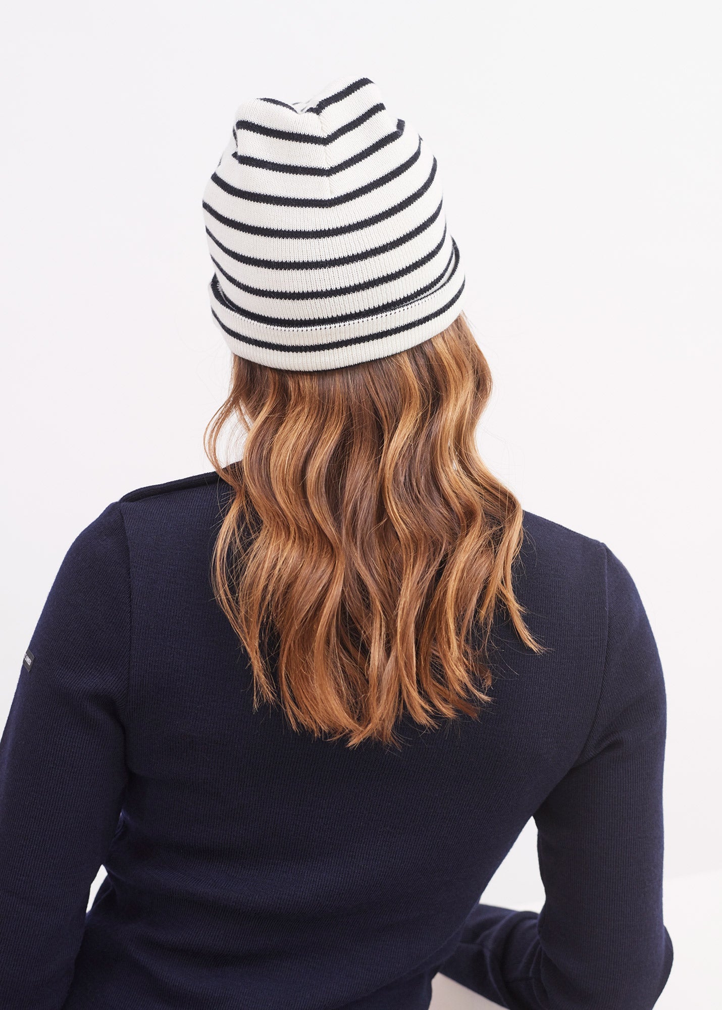 Saint James CARTIER - Nautical Striped Wool Blend Beanie (IVORY / NAVY)