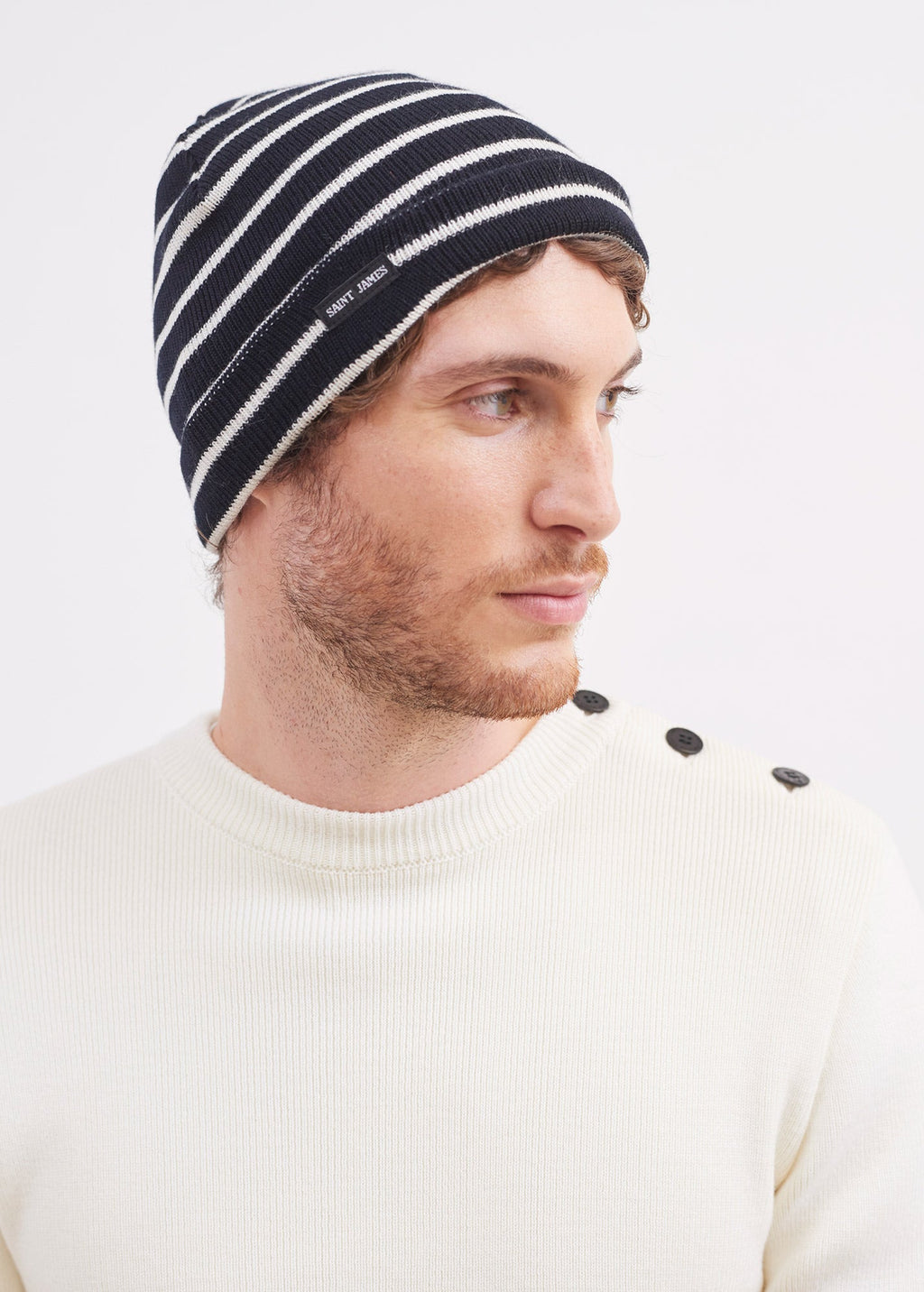 Saint James CARTIER - Nautical Striped Wool Blend Beanie (NAVY / IVORY)