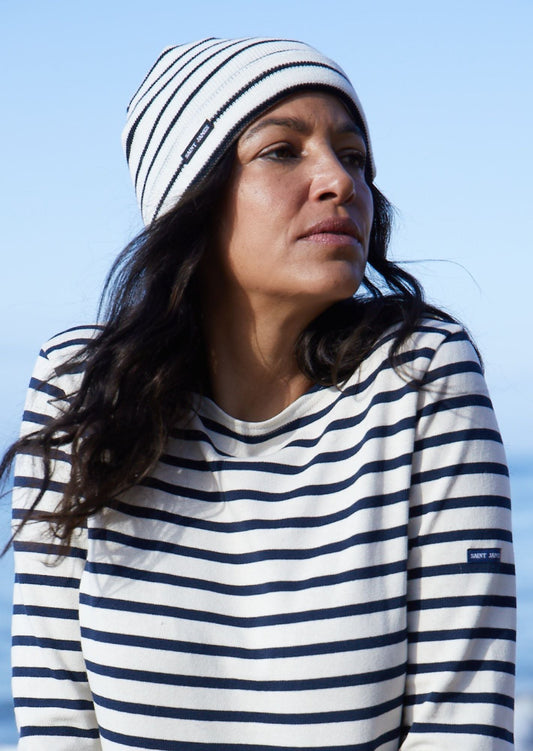 Saint James Cartier Nautical Striped Wool Blend Beanie Ivory Navy