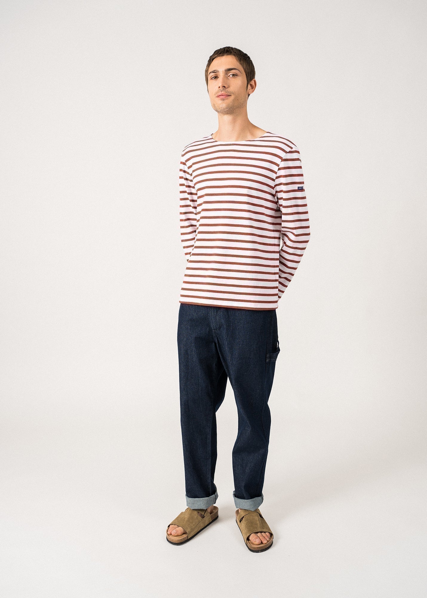 Saint James Meridien Moderne Original Breton Shirt Heavyweight Cotton Men Fit White Terracotta