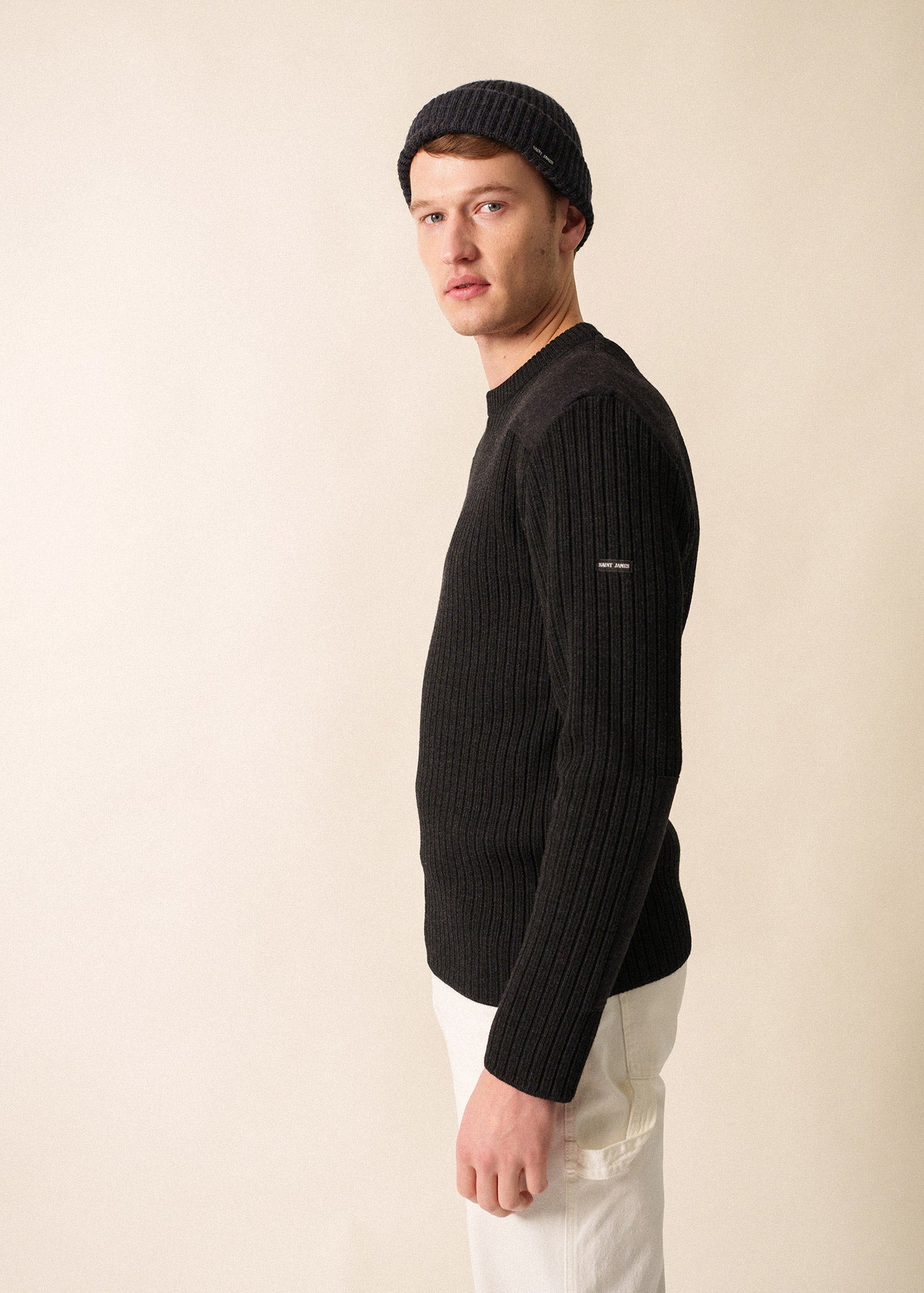 Saint James GOUVERNAIL III -  Military-Style Sweater with Canvas Patches | Wool Blend  (CHARCOAL)