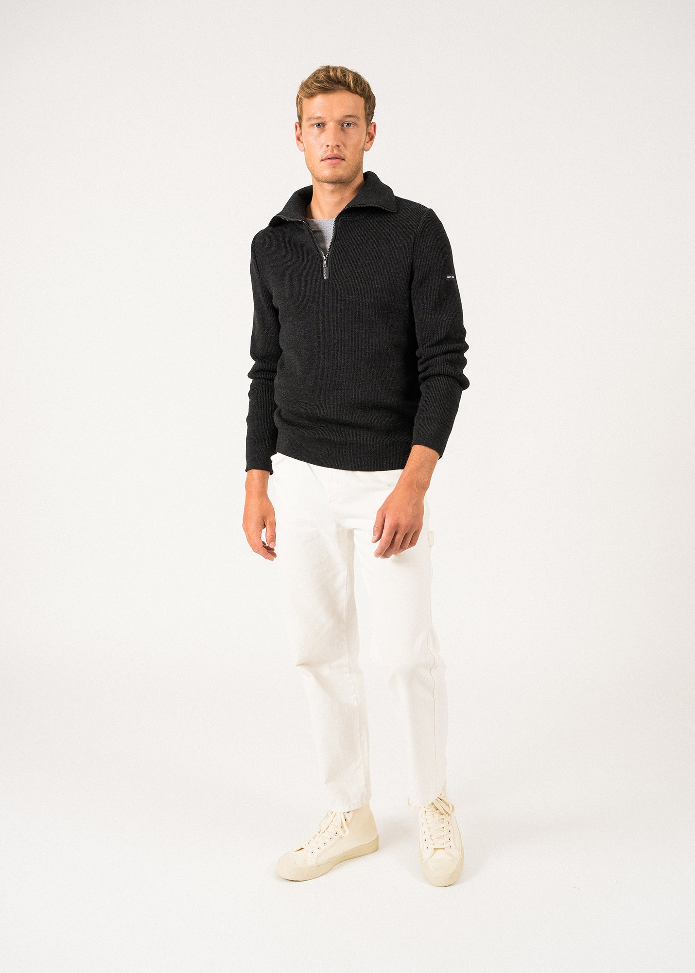 Saint James Cotentin Quarter Zip Trucker Sweater Dark Gray