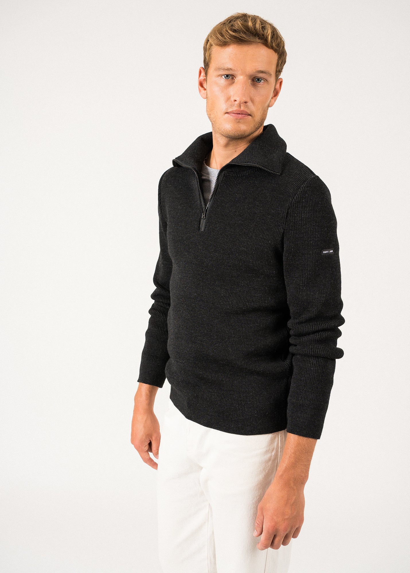 Saint James Cotentin Quarter Zip Trucker Sweater Dark Gray