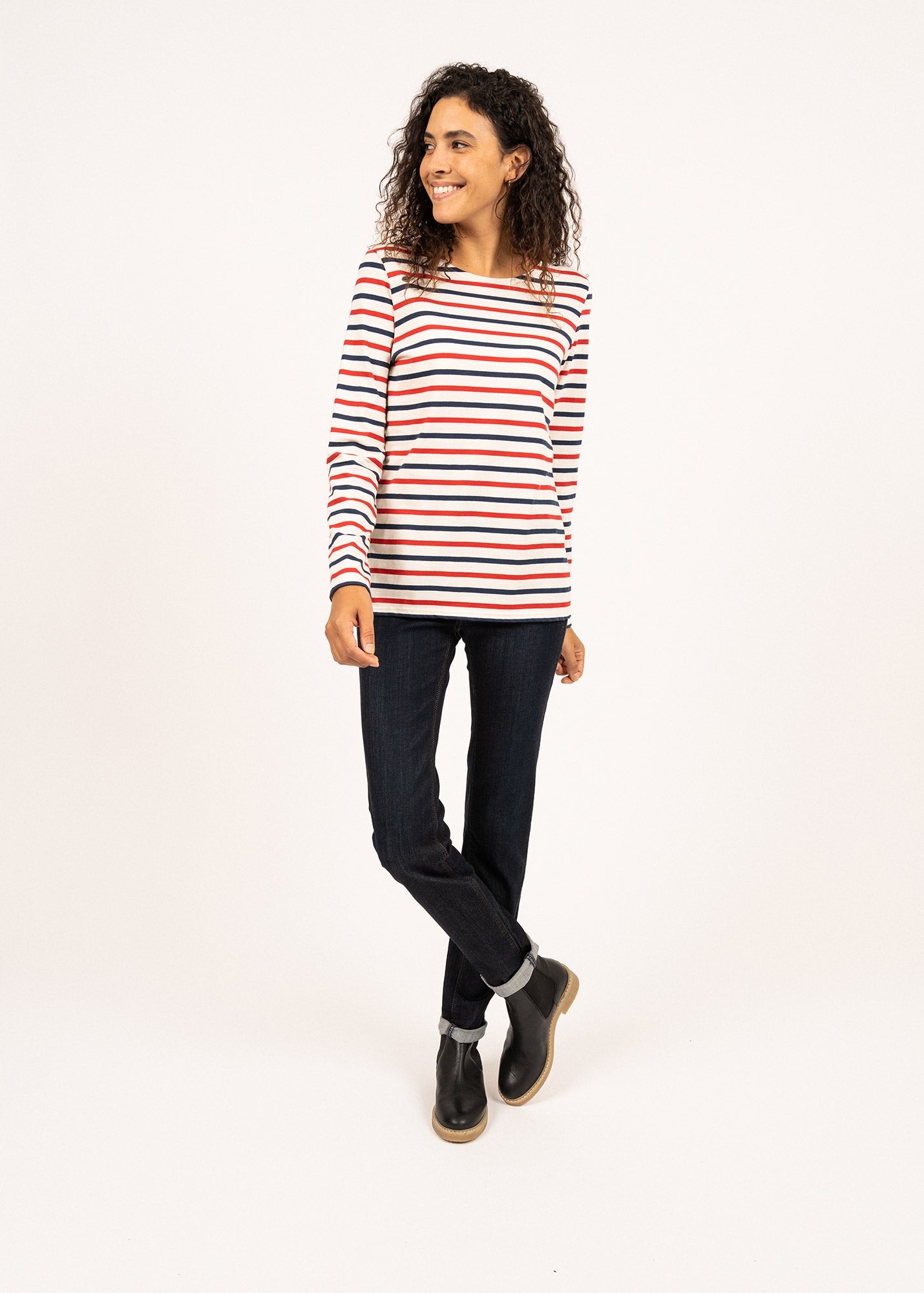 Saint James MINQUIDAME - Tri-color Breton Shirt for Women | Lightweight Cotton (ECRU / NAVY / RED)
