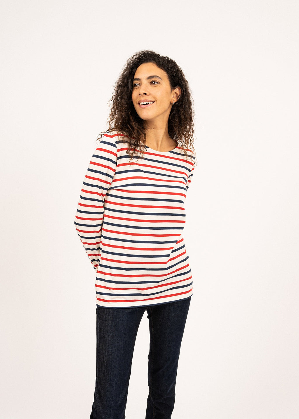 Saint James MINQUIDAME - Tri-color Breton Shirt for Women | Lightweight Cotton (ECRU / NAVY / RED)
