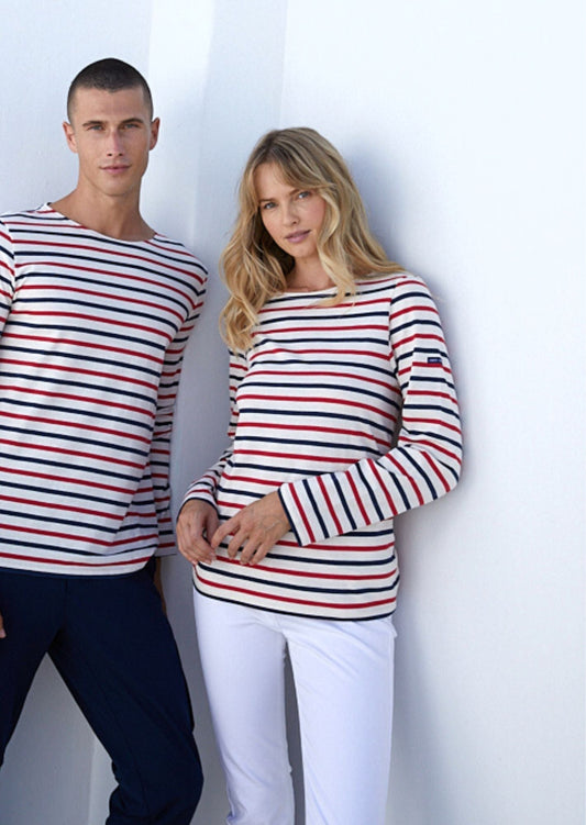 Saint James Minquiers Modern Tri Color Striped Shirt Lightweight Cotton Unisex Fit Ecru Navy Red