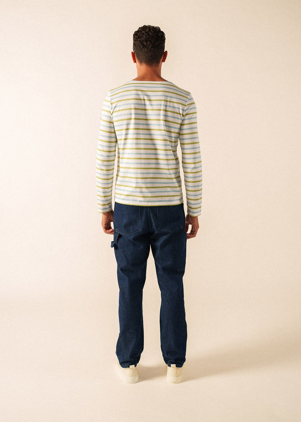 Minquiers Modern Tri-Color Breton Shirt (WHITE / SKYLIGHT BLUE / SAGE OLIVE)