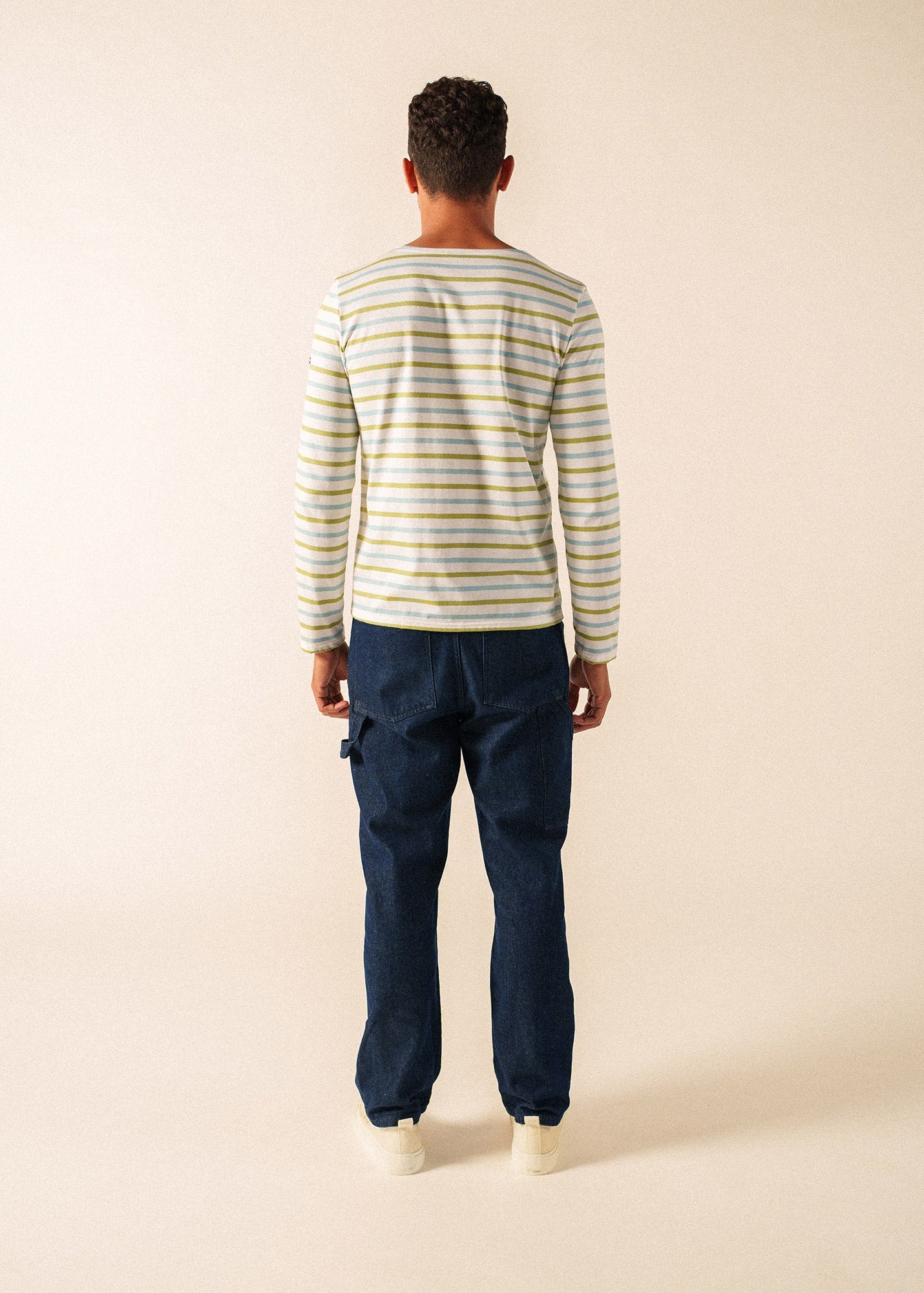 Minquiers Modern Tri-Color Breton Shirt (WHITE / SKYLIGHT BLUE / SAGE OLIVE)