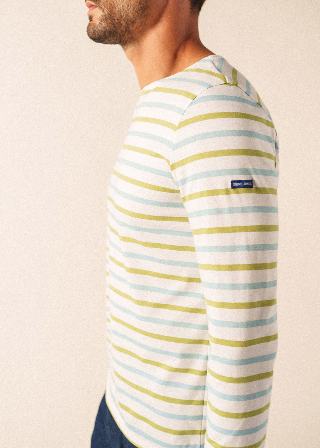 Minquiers Modern Tri-Color Breton Shirt (WHITE / SKYLIGHT BLUE / SAGE OLIVE)