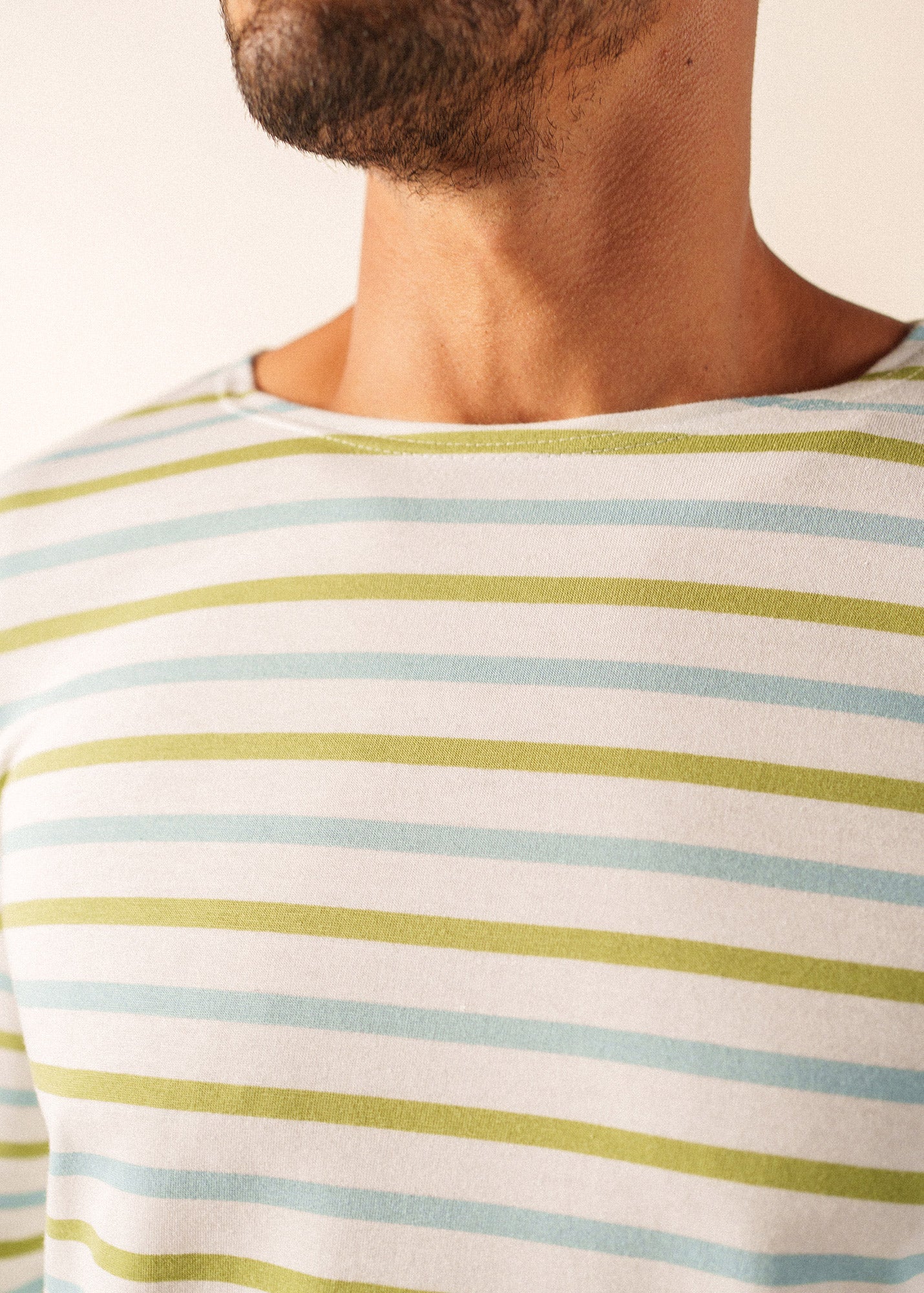 Minquiers Modern Tri-Color Breton Shirt (WHITE / SKYLIGHT BLUE / SAGE OLIVE)