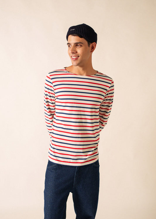 Saint James MINQUIERS MODERN - Tri-color Striped Shirt | Lightweight Cotton | Unisex Fit (ECRU / NAVY / RED)
