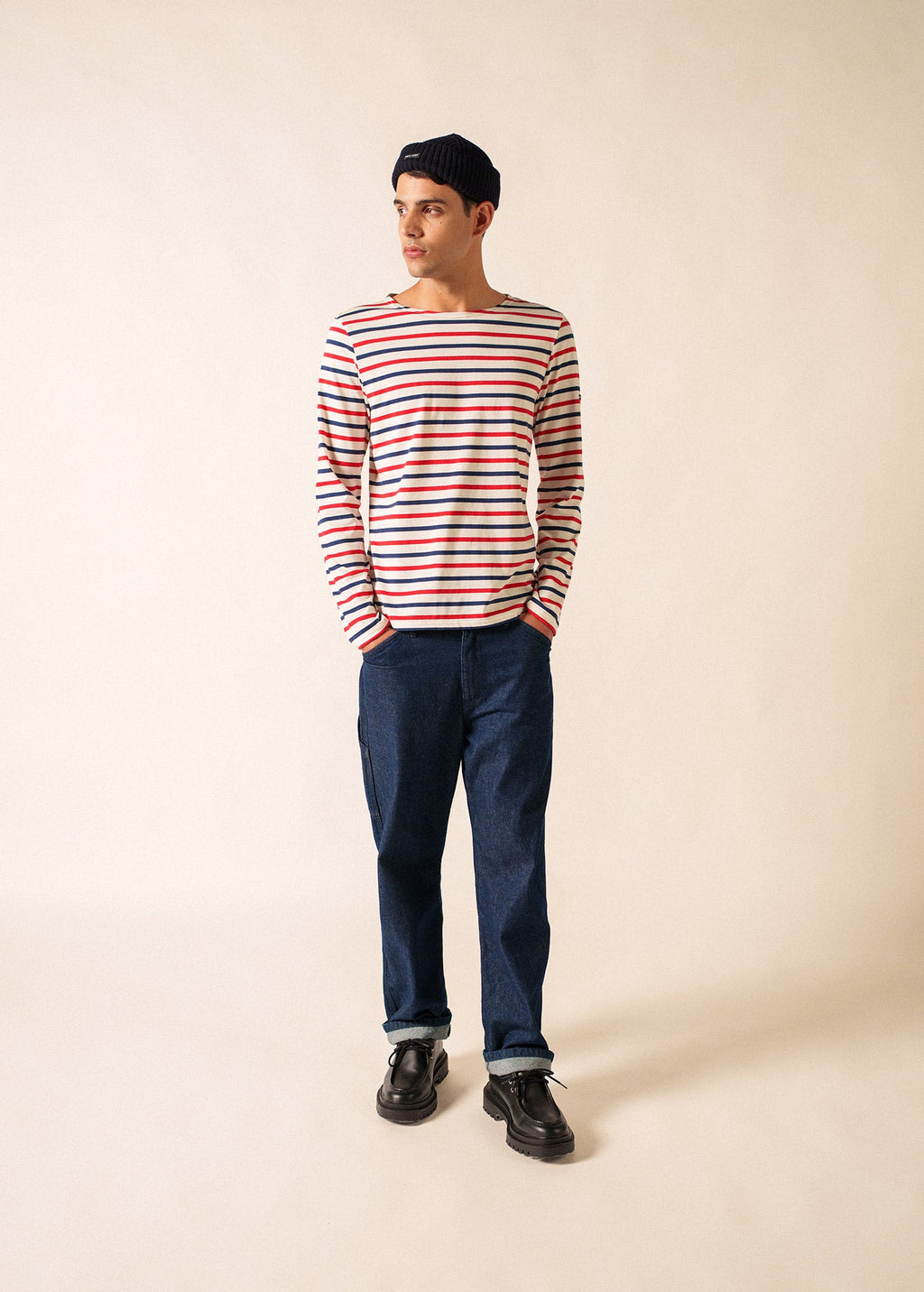 Saint James MINQUIERS MODERN - Tri-color Striped Shirt | Lightweight Cotton | Unisex Fit (ECRU / NAVY / RED)