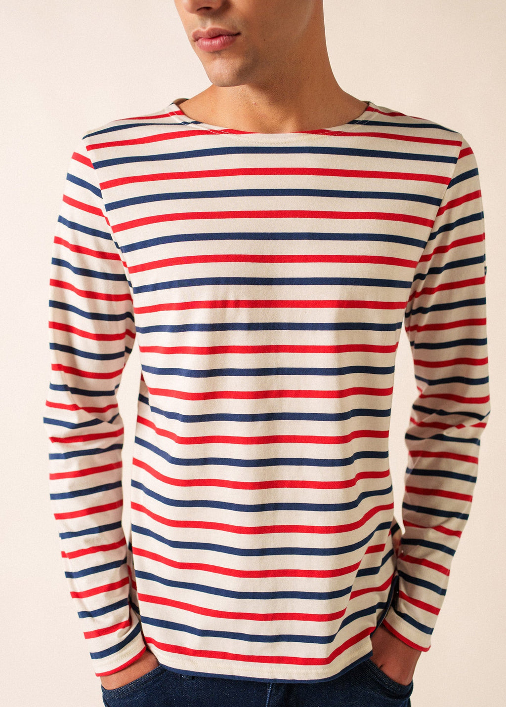 Saint James MINQUIERS MODERN - Tri-color Striped Shirt | Lightweight Cotton | Unisex Fit (ECRU / NAVY / RED)