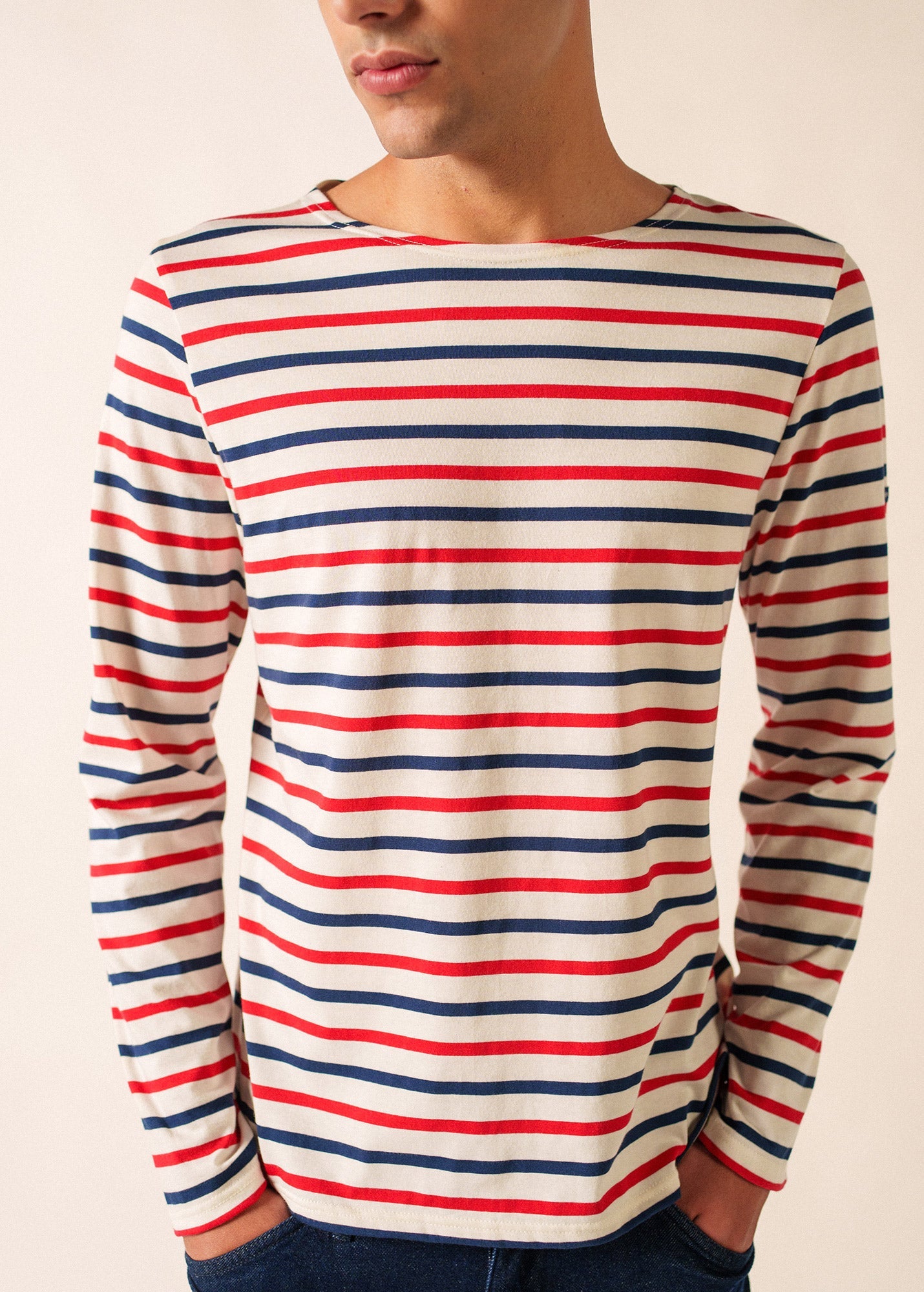 Saint James MINQUIERS MODERN - Tri-color Striped Shirt | Lightweight Cotton | Unisex Fit (ECRU / NAVY / RED)