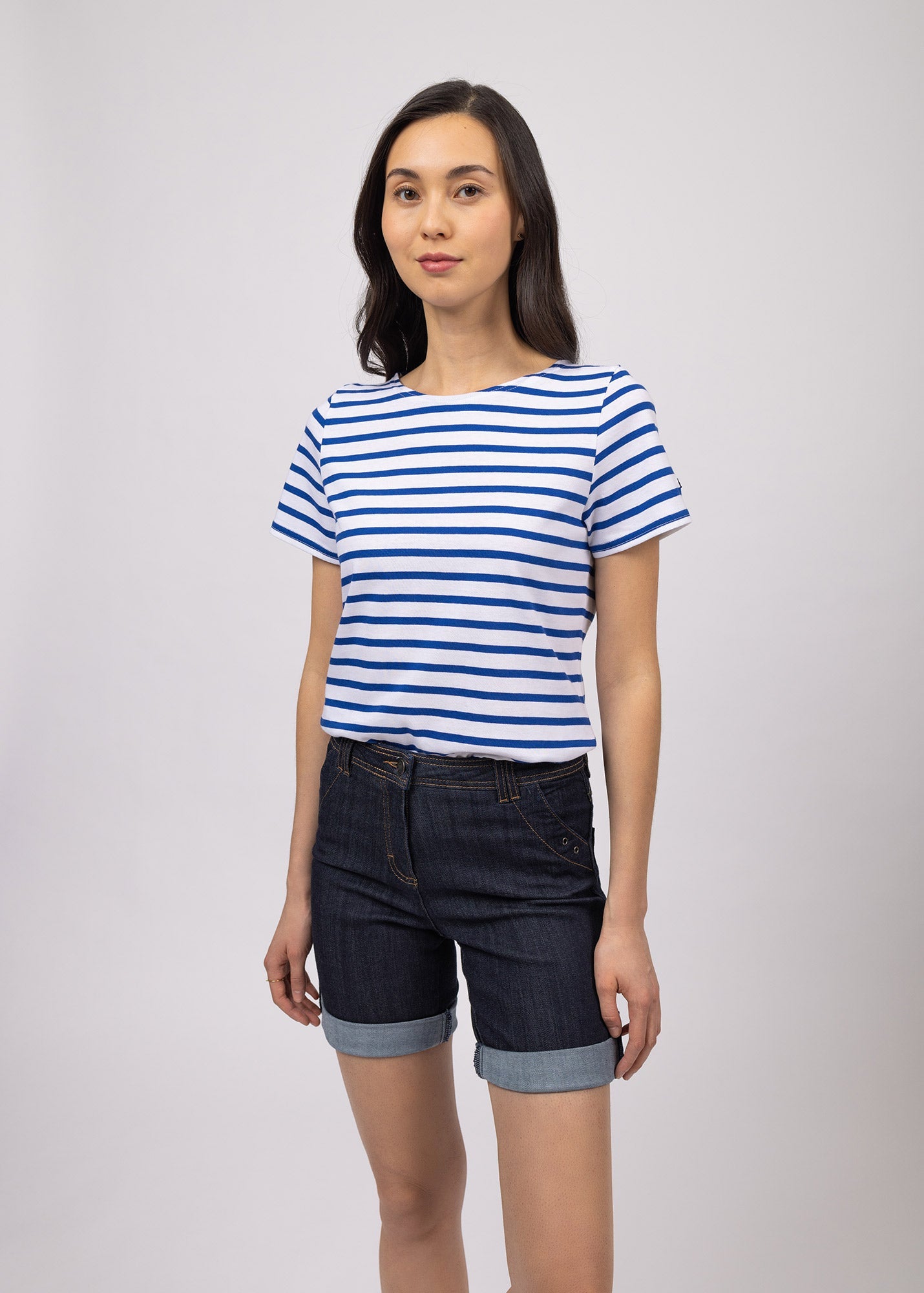 Saint James ETRILLE - Nautical Stripe Tee with Short Sleeves | Soft Cotton | Women Fit (WHITE / ROYAL BLUE)
