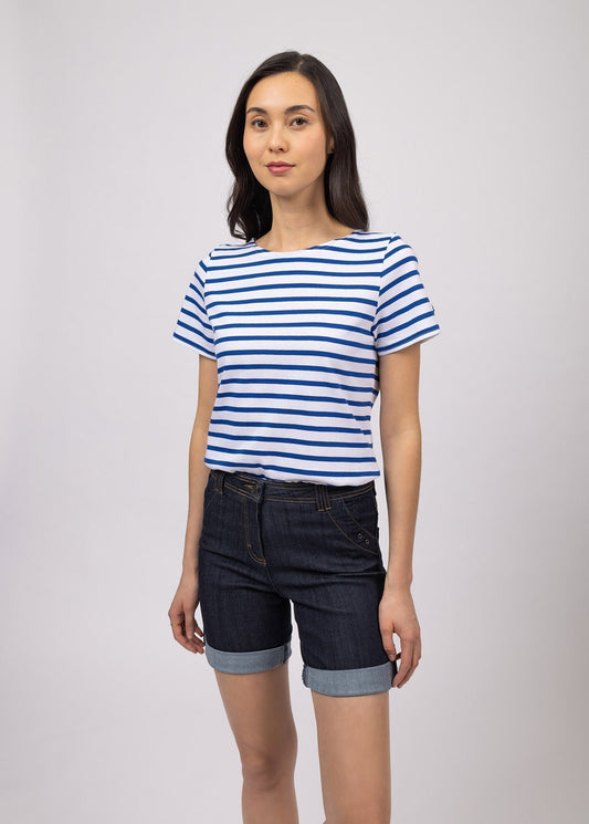 Saint James Etrille Nautical Stripe Tee With Short Sleeves Soft Cotton Women Fit White Royal Blue
