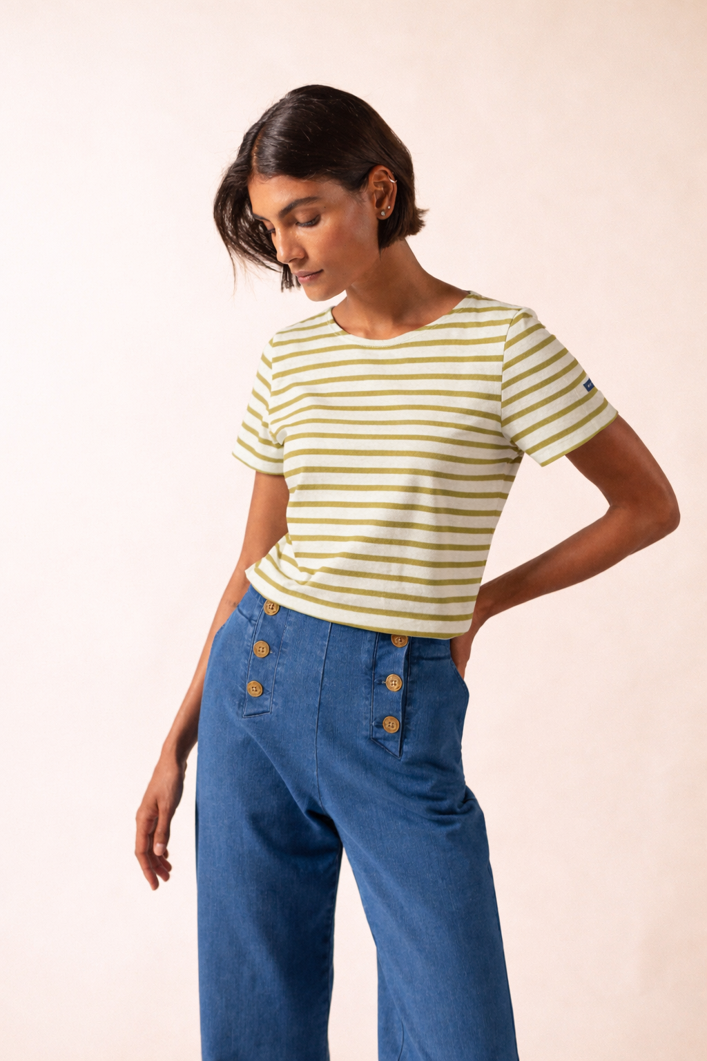 Saint James ETRILLE II Nautical Striped Tee (WHITE / SAGE OLIVE)