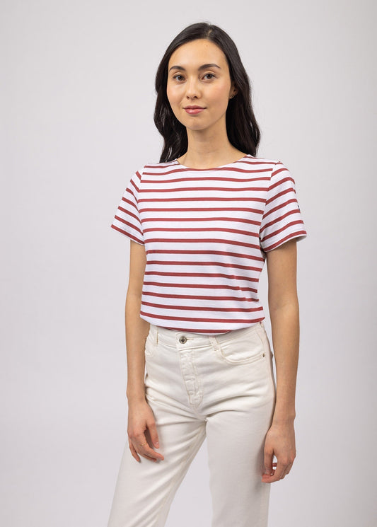 Saint James Etrille Nautical Stripe Tee With Short Sleeves Soft Cotton Women Fit White Terracotta