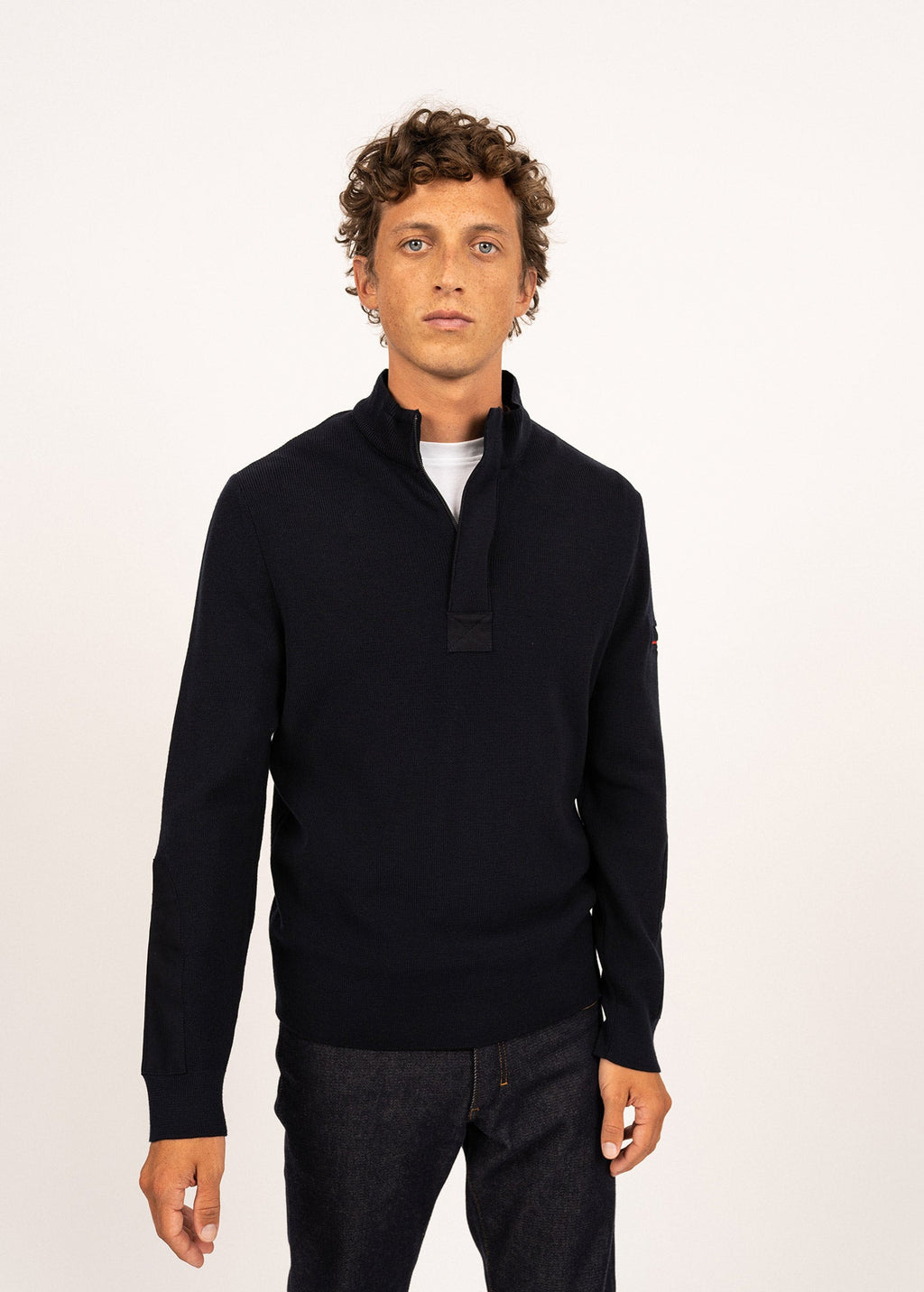 Saint James LOUP DE MER II - Quarter Zip Sweater with Forearm Canvas Trim For Men| 100% Wool (NAVY)