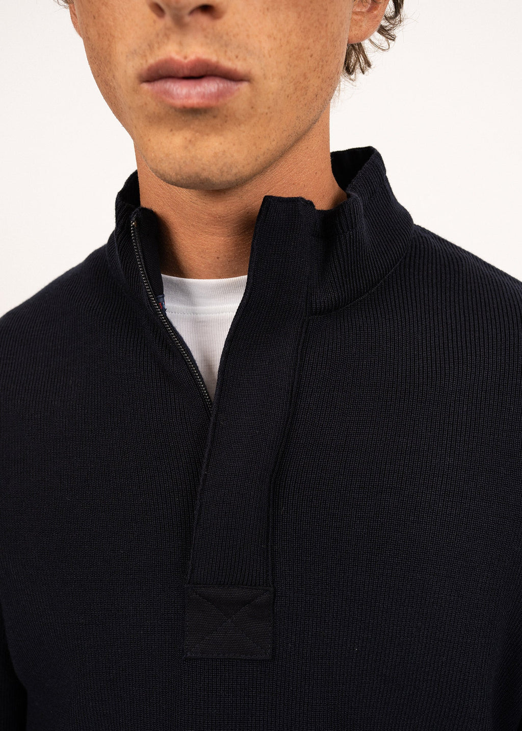 Saint James LOUP DE MER II - Quarter Zip Sweater with Forearm Canvas Trim For Men| 100% Wool (NAVY)