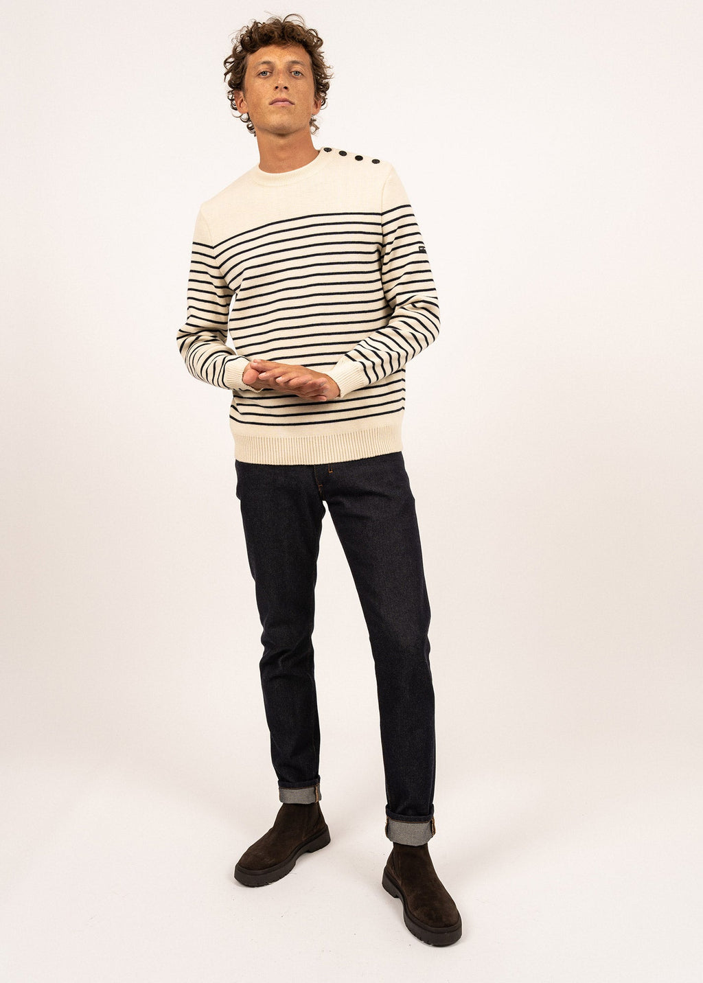 Saint James BINIC - Authentic Striped Fisherman Sweater With Shoulder Buttons in Wool | Loose Fit (ECRU / NAVY)
