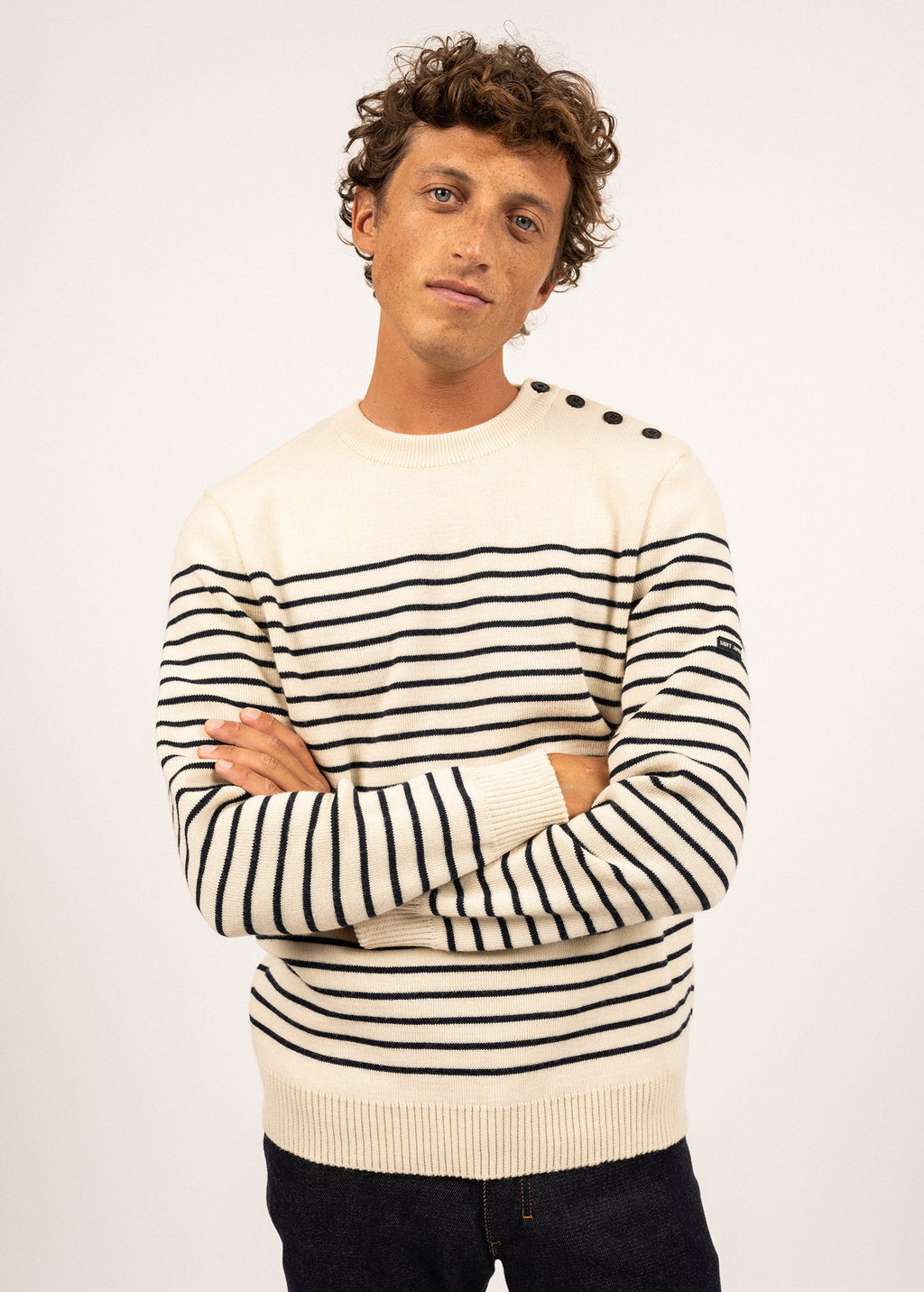 Saint James BINIC - Authentic Striped Fisherman Sweater With Shoulder Buttons in Wool | Loose Fit (ECRU / NAVY)