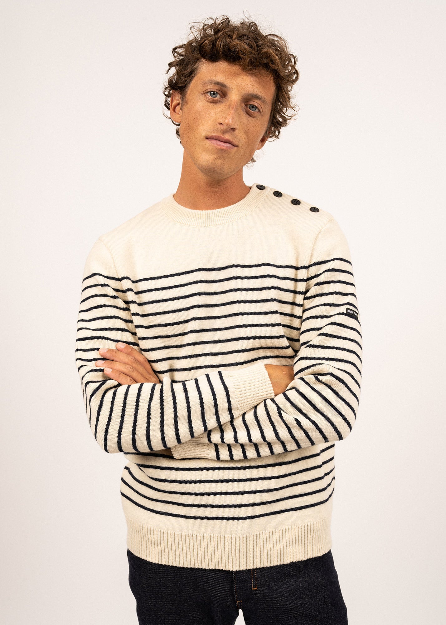 Saint James BINIC - Authentic Striped Fisherman Sweater With Shoulder Buttons in Wool | Loose Fit (ECRU / NAVY)