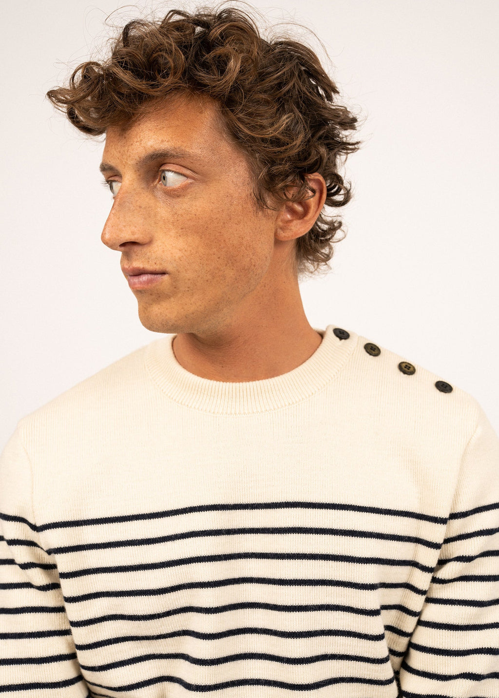 Saint James BINIC - Authentic Striped Fisherman Sweater With Shoulder Buttons in Wool | Loose Fit (ECRU / NAVY)