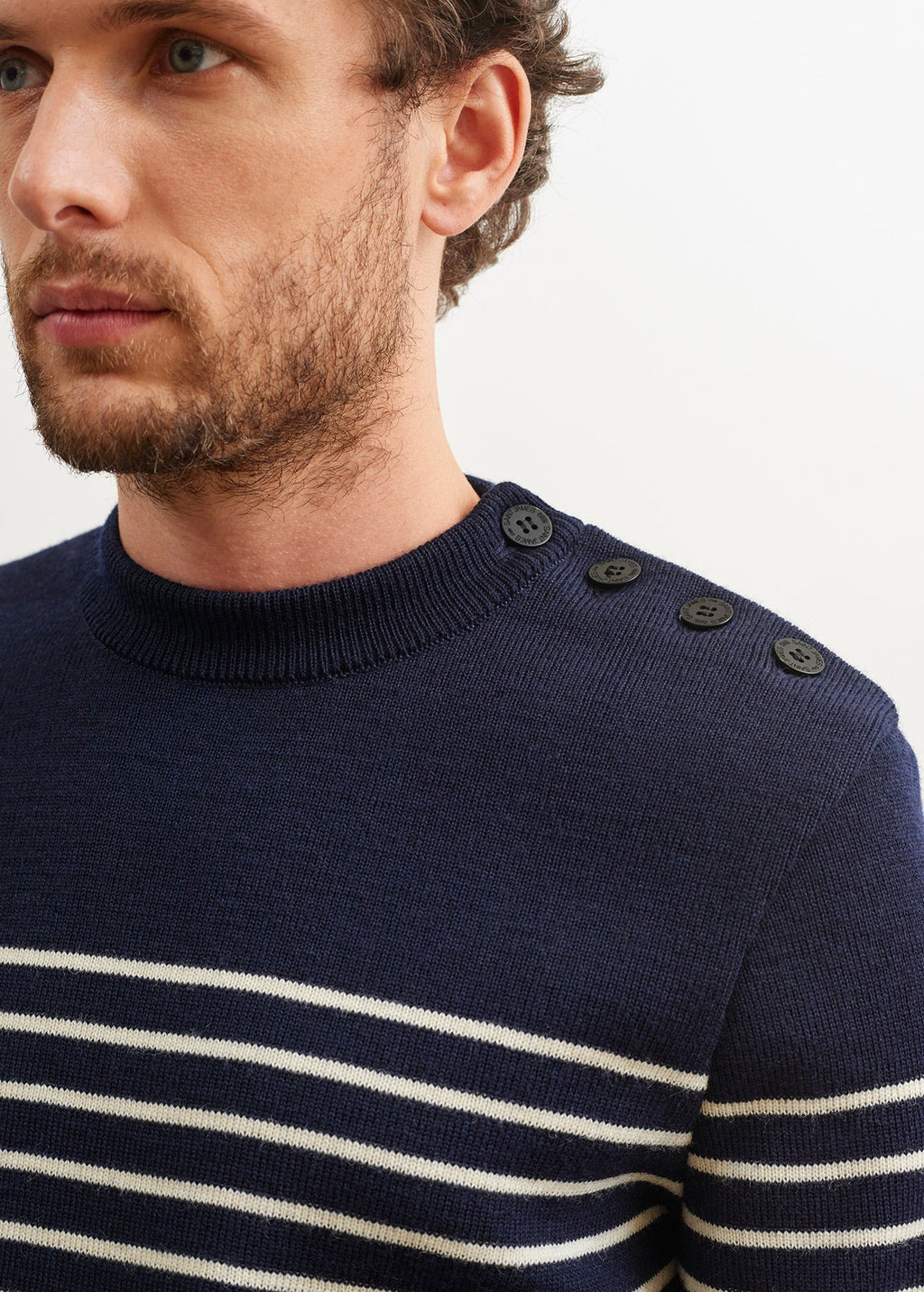 Saint James BINIC - Authentic Striped Fisherman Sweater With Shoulder Buttons in Wool | Loose Fit (NAVY / ECRU)
