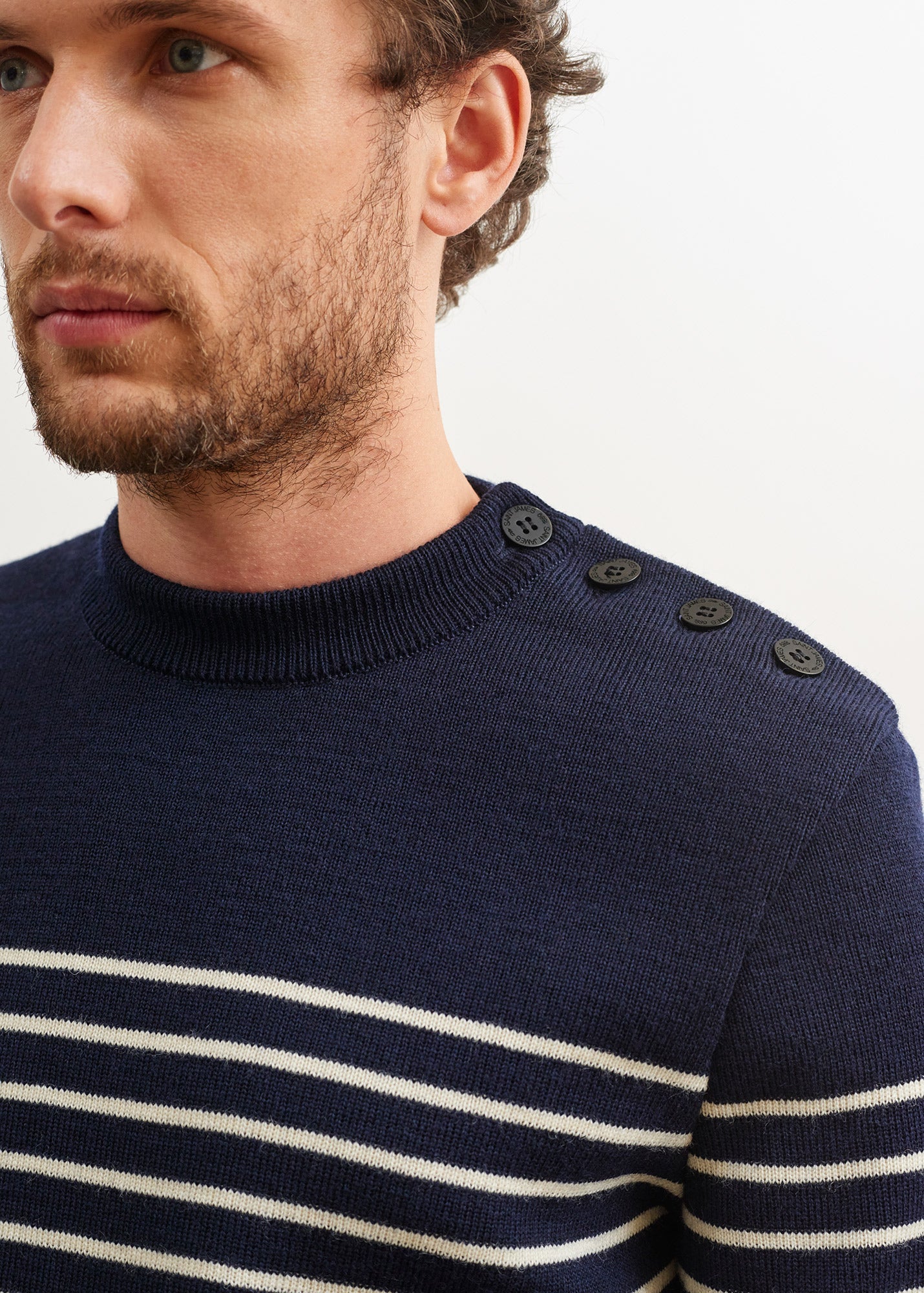 Saint James BINIC - Authentic Striped Fisherman Sweater With Shoulder Buttons in Wool | Loose Fit (NAVY / ECRU)