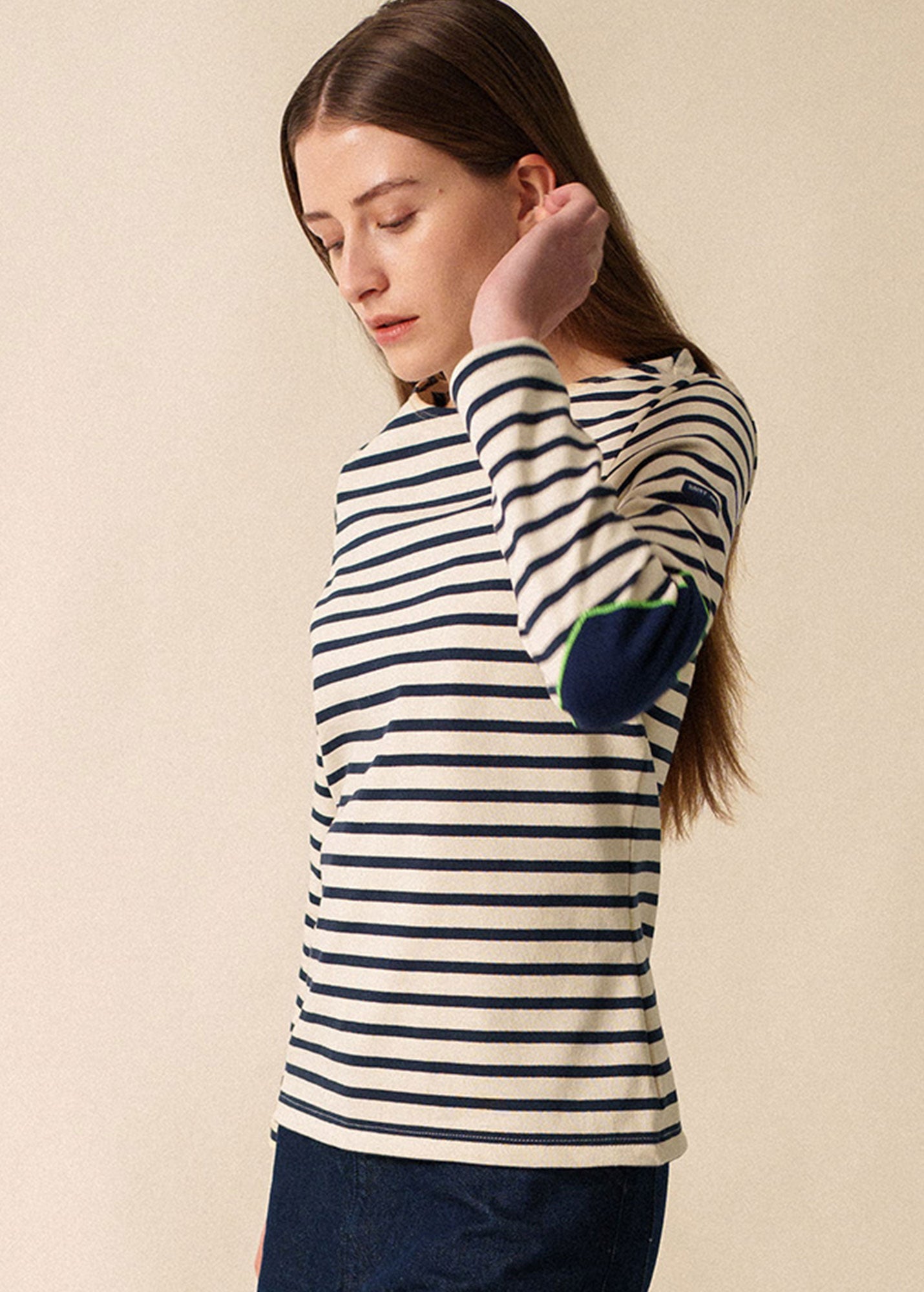 Saint James VAUJANY - Striped Shirt with Heart Elbow Patches (ECRU / NAVY / NEON GREEN)