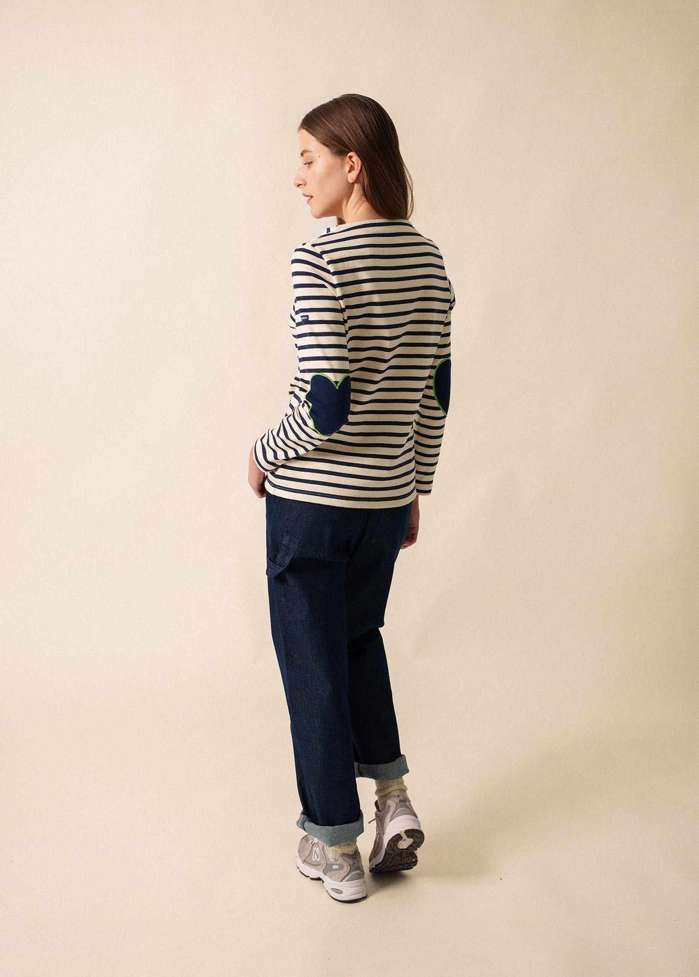 Saint James VAUJANY - Striped Shirt with Heart Elbow Patches (ECRU / NAVY / NEON GREEN)