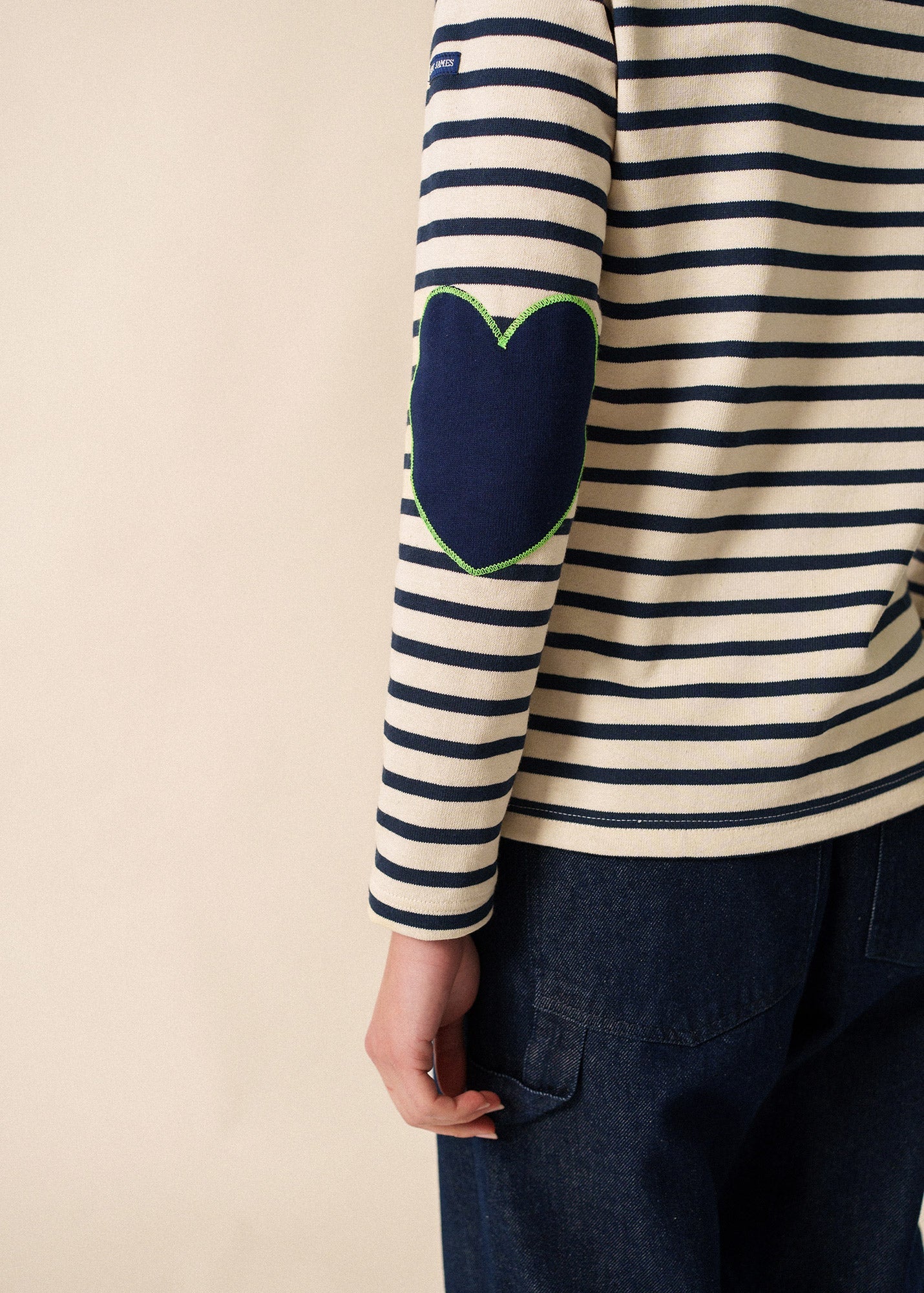 Saint James VAUJANY - Striped Shirt with Heart Elbow Patches (ECRU / NAVY / NEON GREEN)