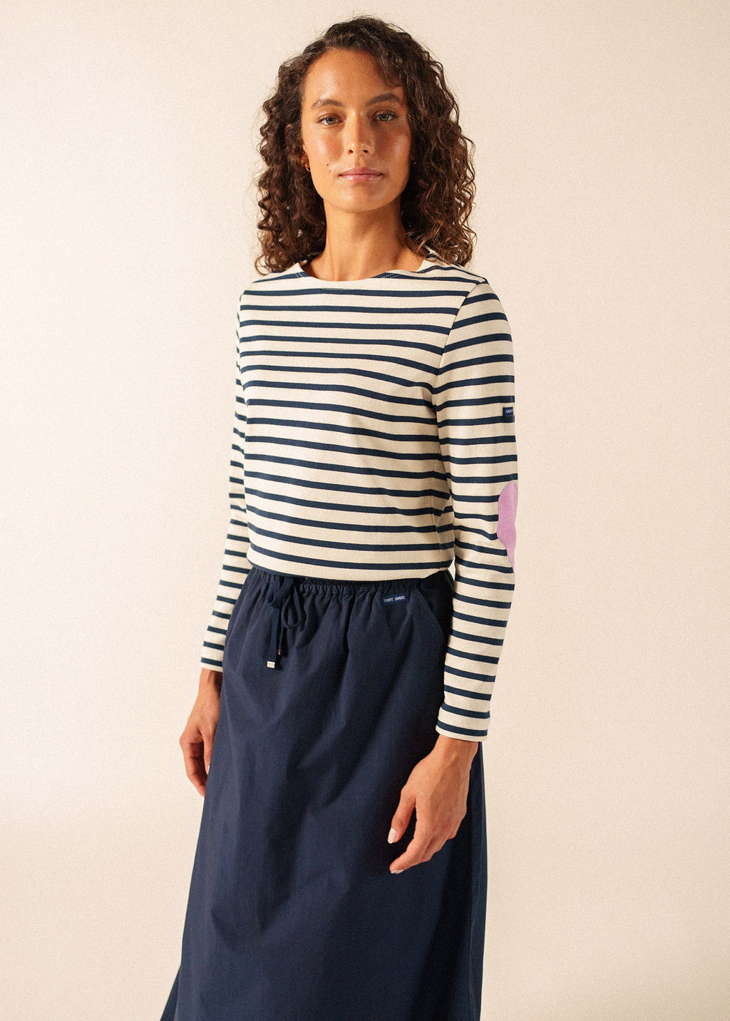 Saint James Vaujany Heart Breton Shirt (ECRU / NAVY / TEA ROSE PINK)