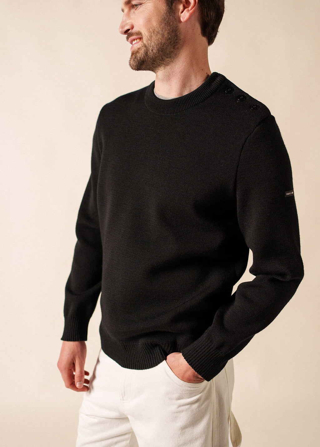 Saint James CANCALE - Wool Fisherman Sweater with Button Shoulder | Loose Fit (BLACK)