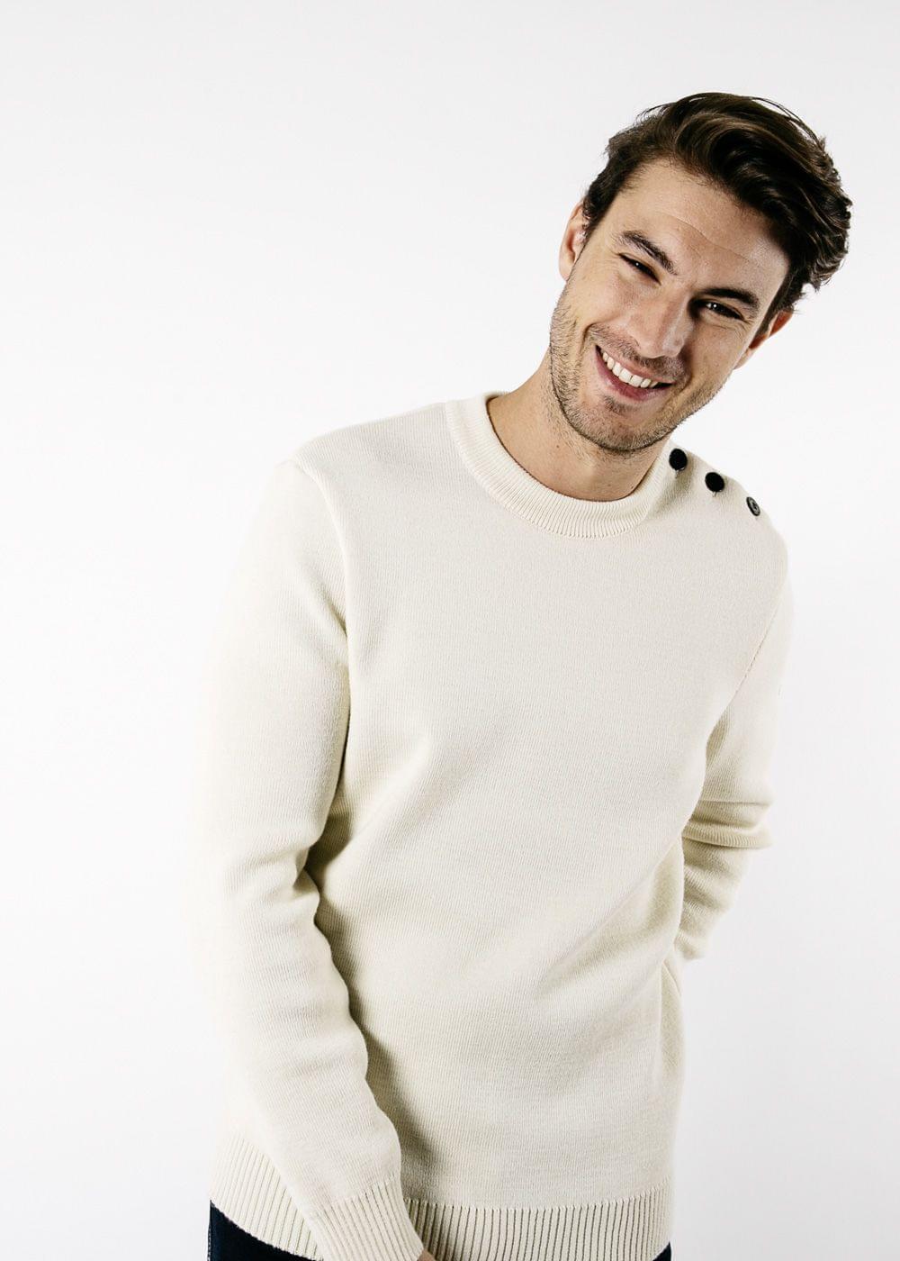 Saint James Cancale Wool Fisherman Sweater With Button Shoulder Loose Fit Ecru