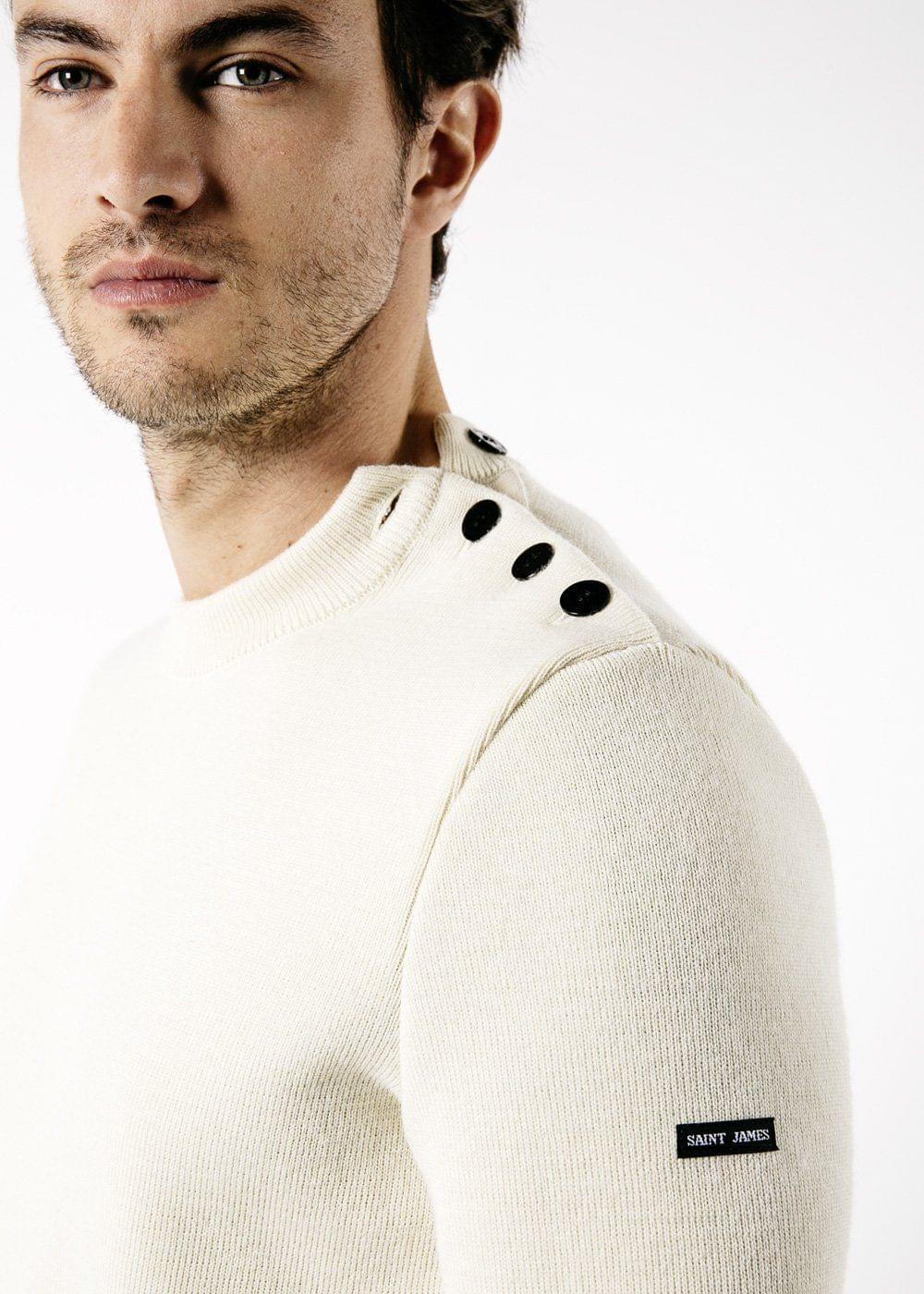 Saint James Cancale Wool Fisherman Sweater With Button Shoulder Loose Fit Ecru