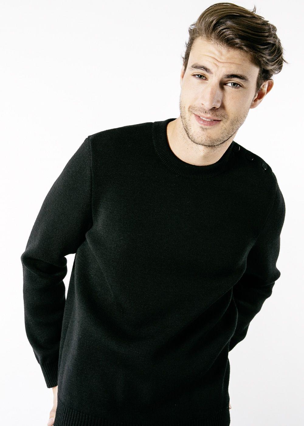 Saint James Cancale Wool Fisherman Sweater With Button Shoulder Loose Fit Black