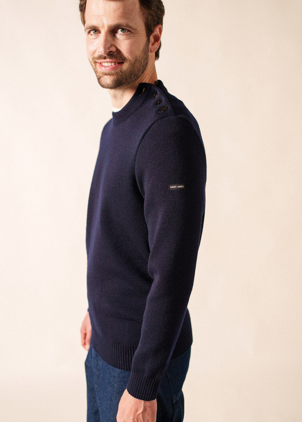 Saint James CANCALE - Wool Fisherman Sweater with Button Shoulder | Loose Fit (DARK BLUE)