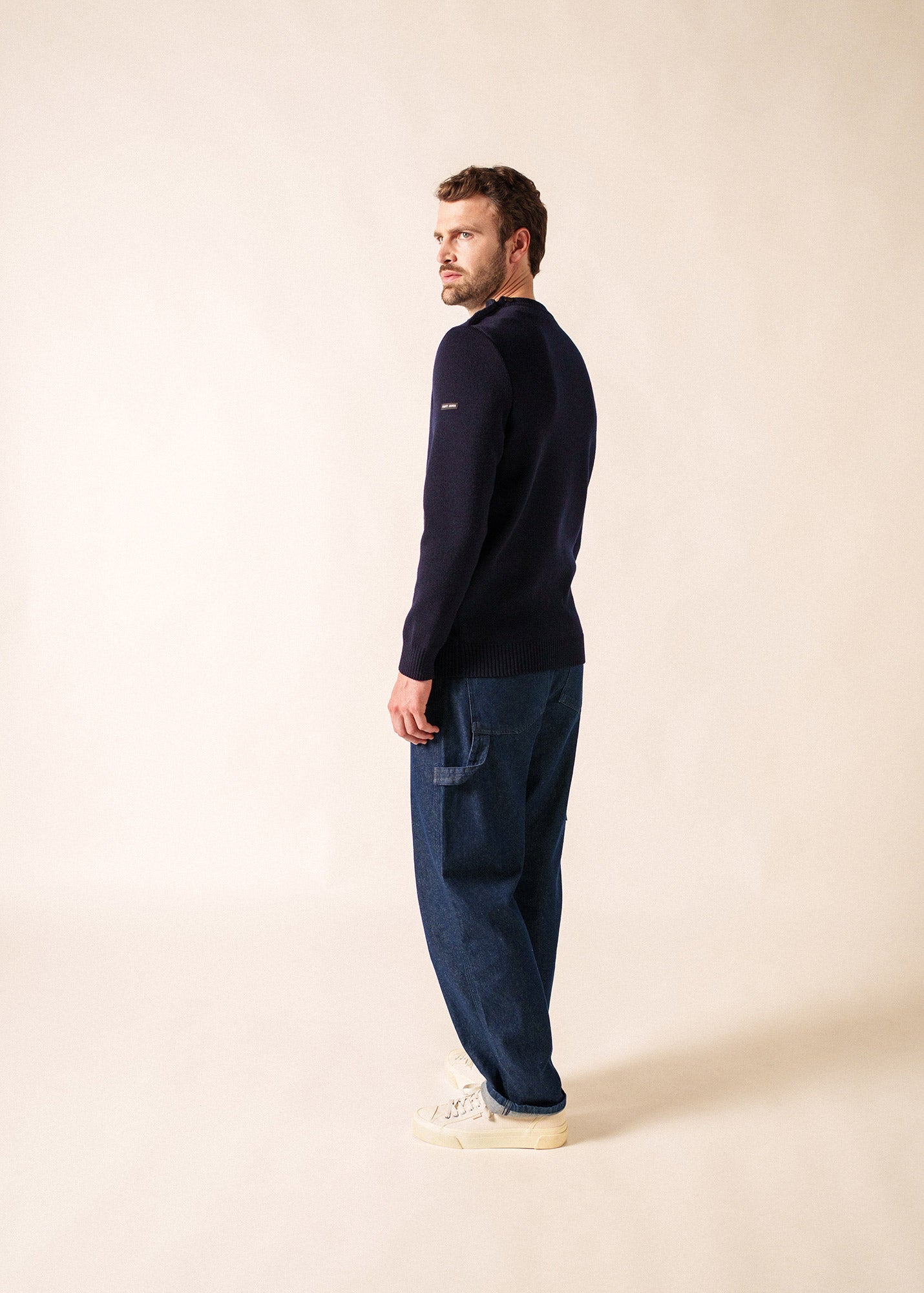 Saint James CANCALE - Wool Fisherman Sweater with Button Shoulder | Loose Fit (DARK BLUE)