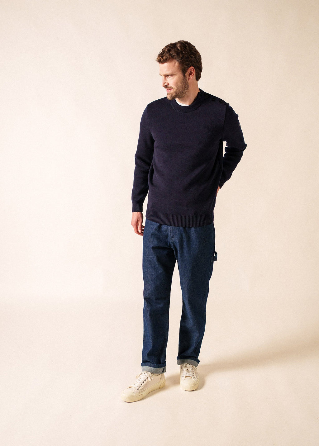 Saint James CANCALE - Wool Fisherman Sweater with Button Shoulder | Loose Fit (DARK BLUE)