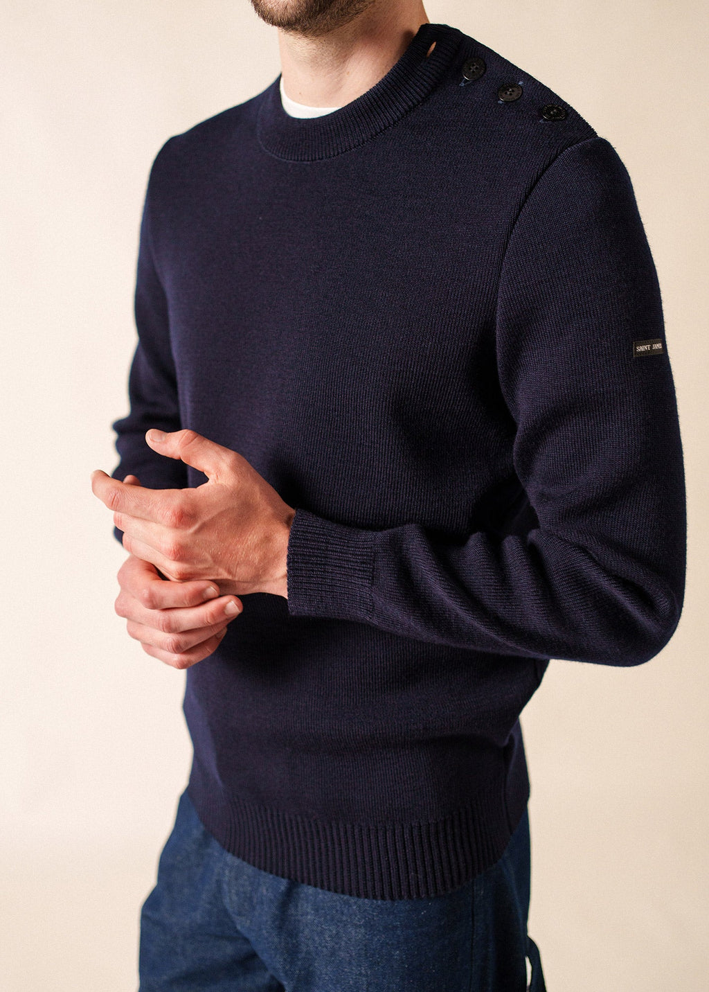 Saint James CANCALE - Wool Fisherman Sweater with Button Shoulder | Loose Fit (DARK BLUE)