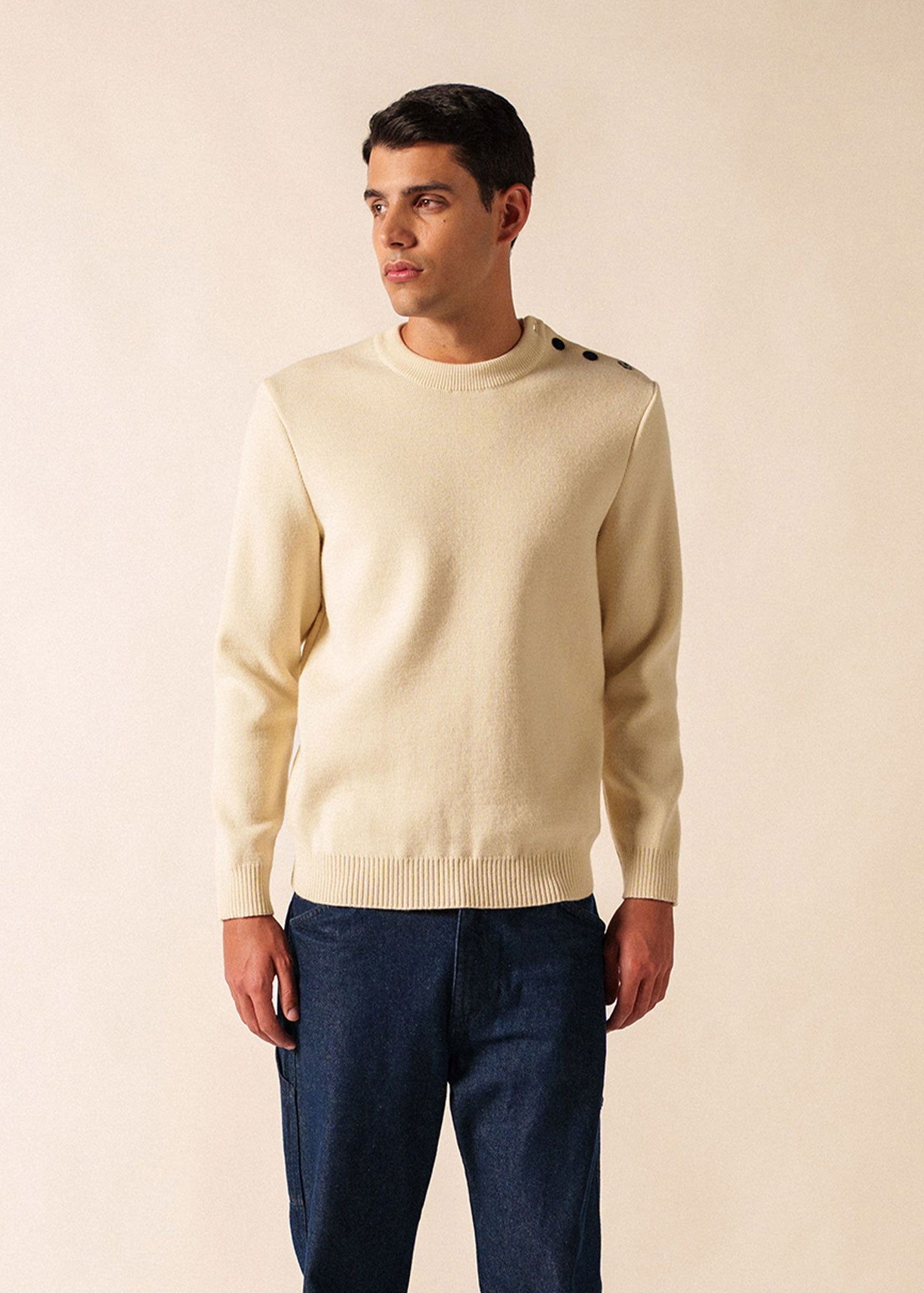 Saint James CANCALE - Wool Fisherman Sweater with Button Shoulder | Loose Fit (ECRU)