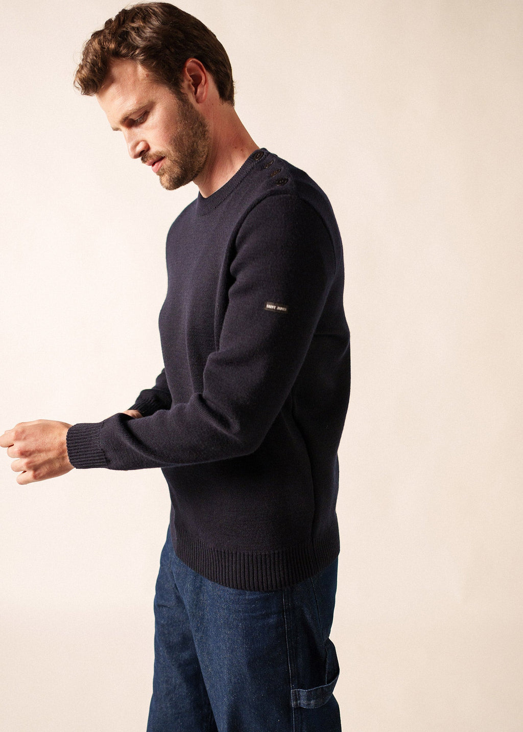 Saint James CANCALE - Wool Fisherman Sweater with Button Shoulder | Loose Fit (NAVY)