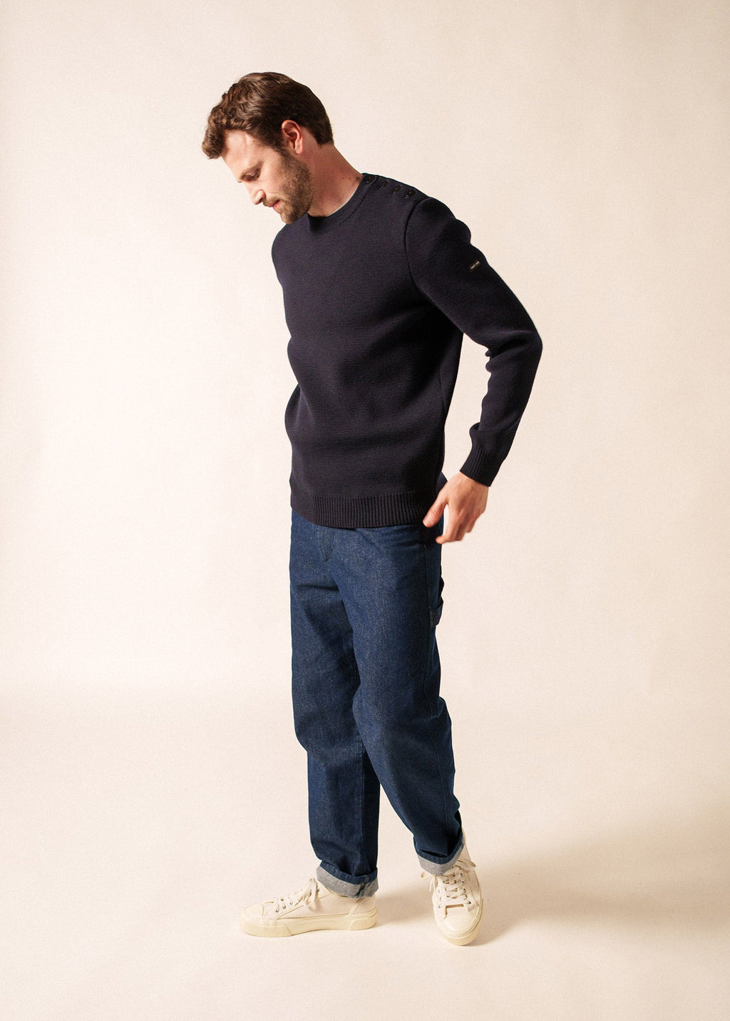 Saint James CANCALE - Wool Fisherman Sweater with Button Shoulder | Loose Fit (NAVY)