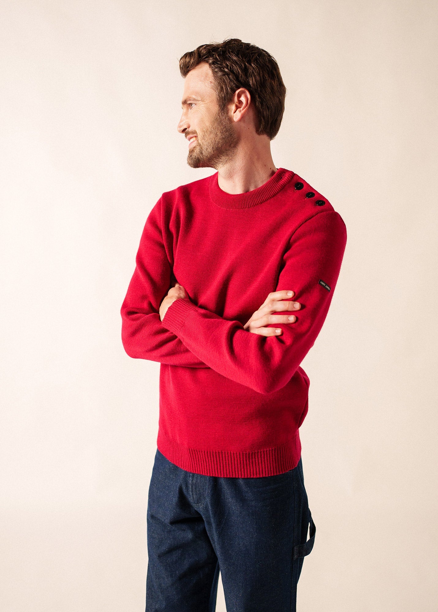 Saint James Cancale Wool Fisherman Sweater With Button Shoulder Loose Fit Red