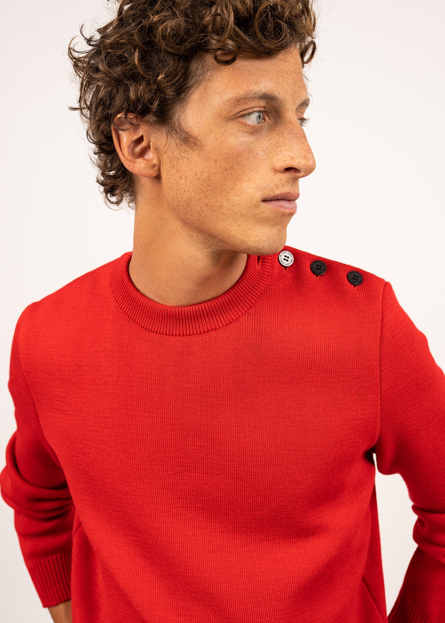 Saint James Cancale Wool Fisherman Sweater With Button Shoulder Loose Fit Red
